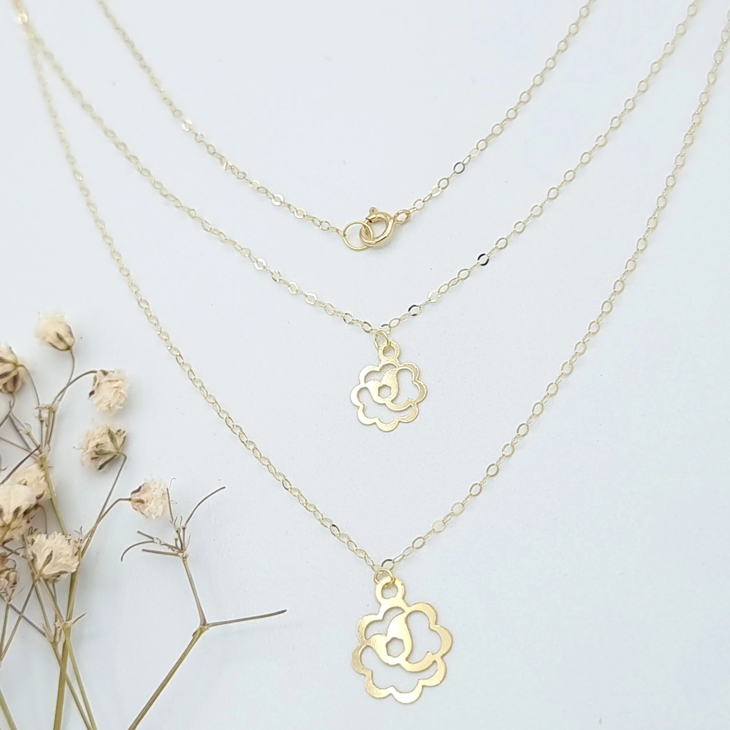 18K Pure Gold 2 Layer Flower Necklace - Image 3