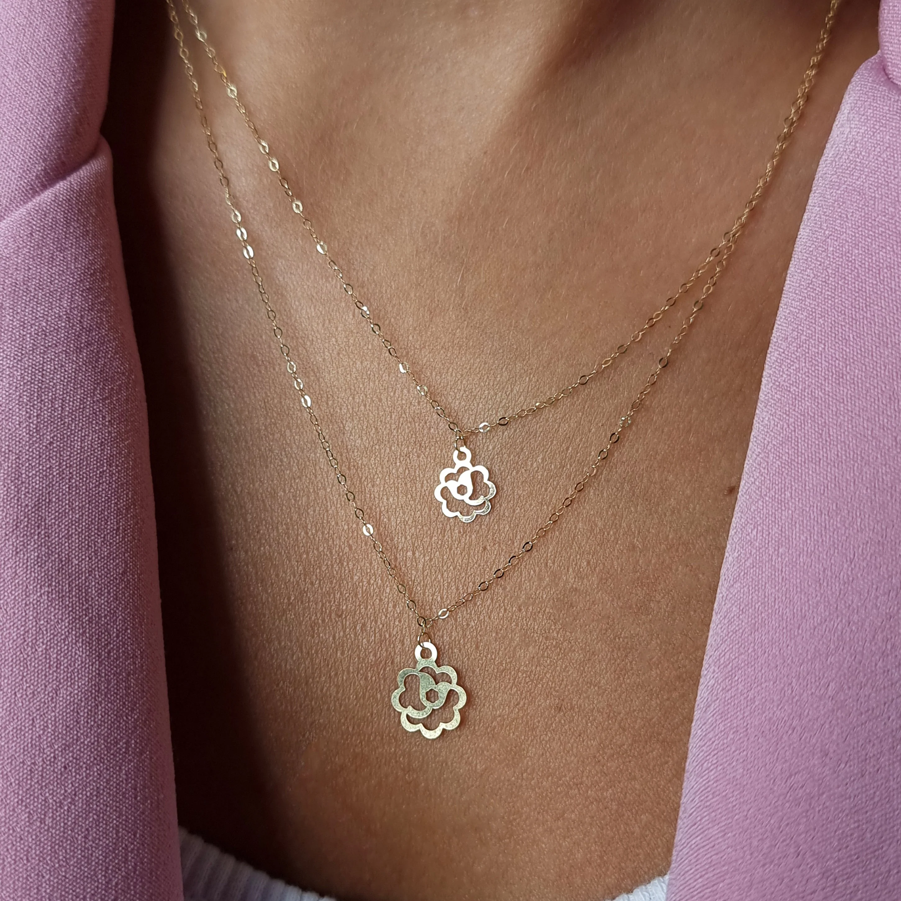 18K Pure Gold 2 Layer Flower Necklace - Image 7