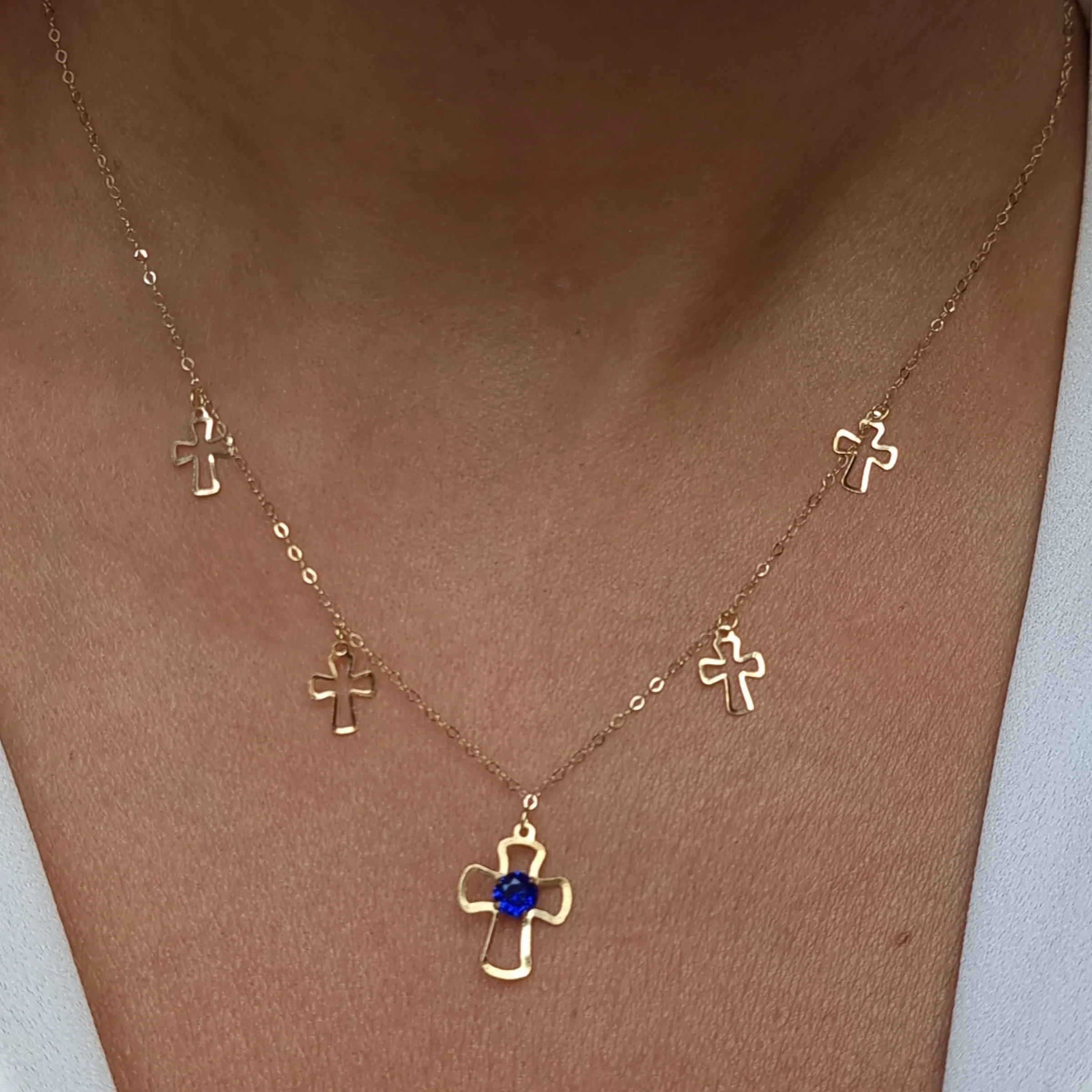 18K Pure Gold Blue Stone Cross Necklace - Image 3