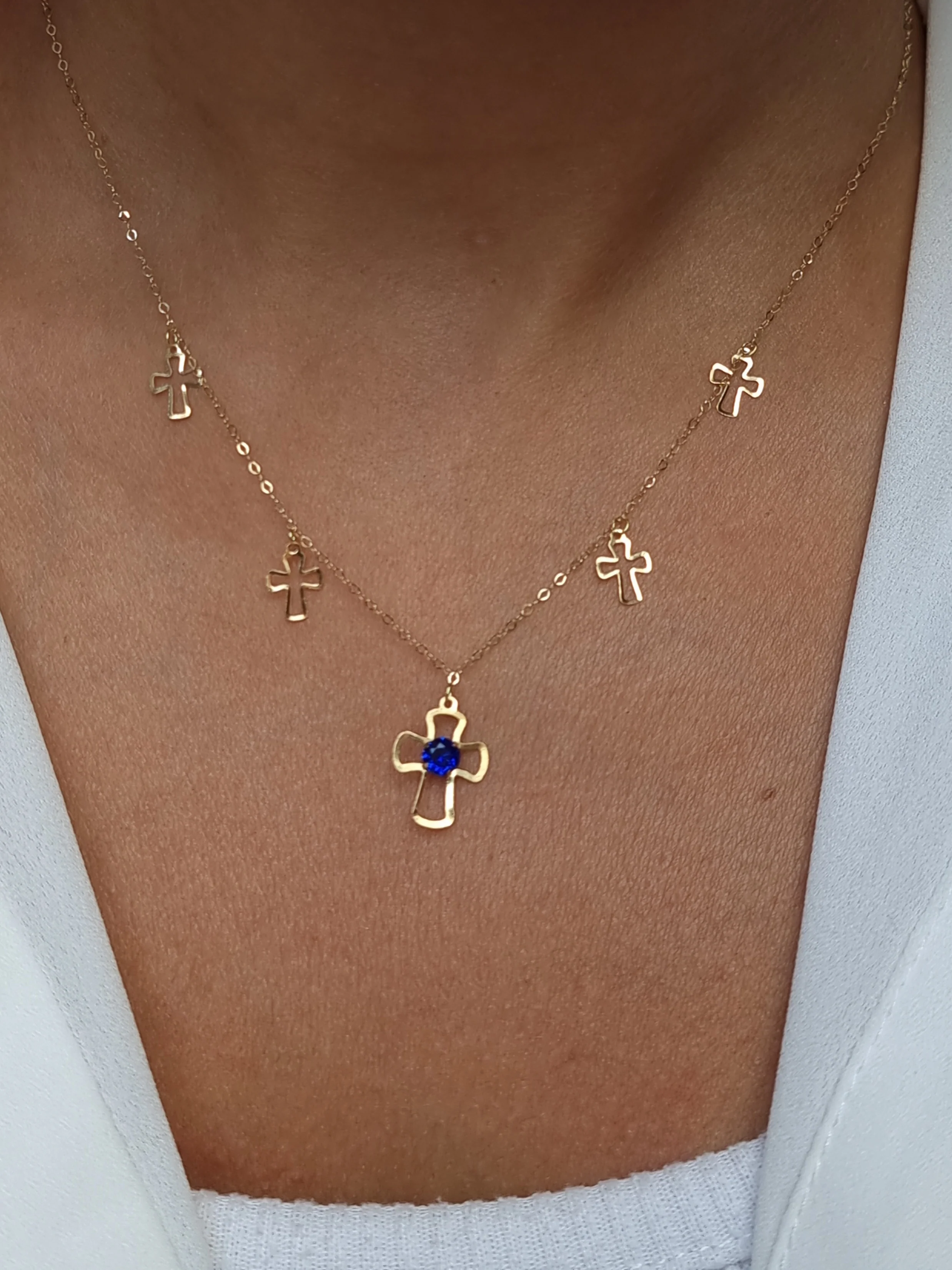 18K Pure Gold Blue Stone Cross Necklace - Image 4