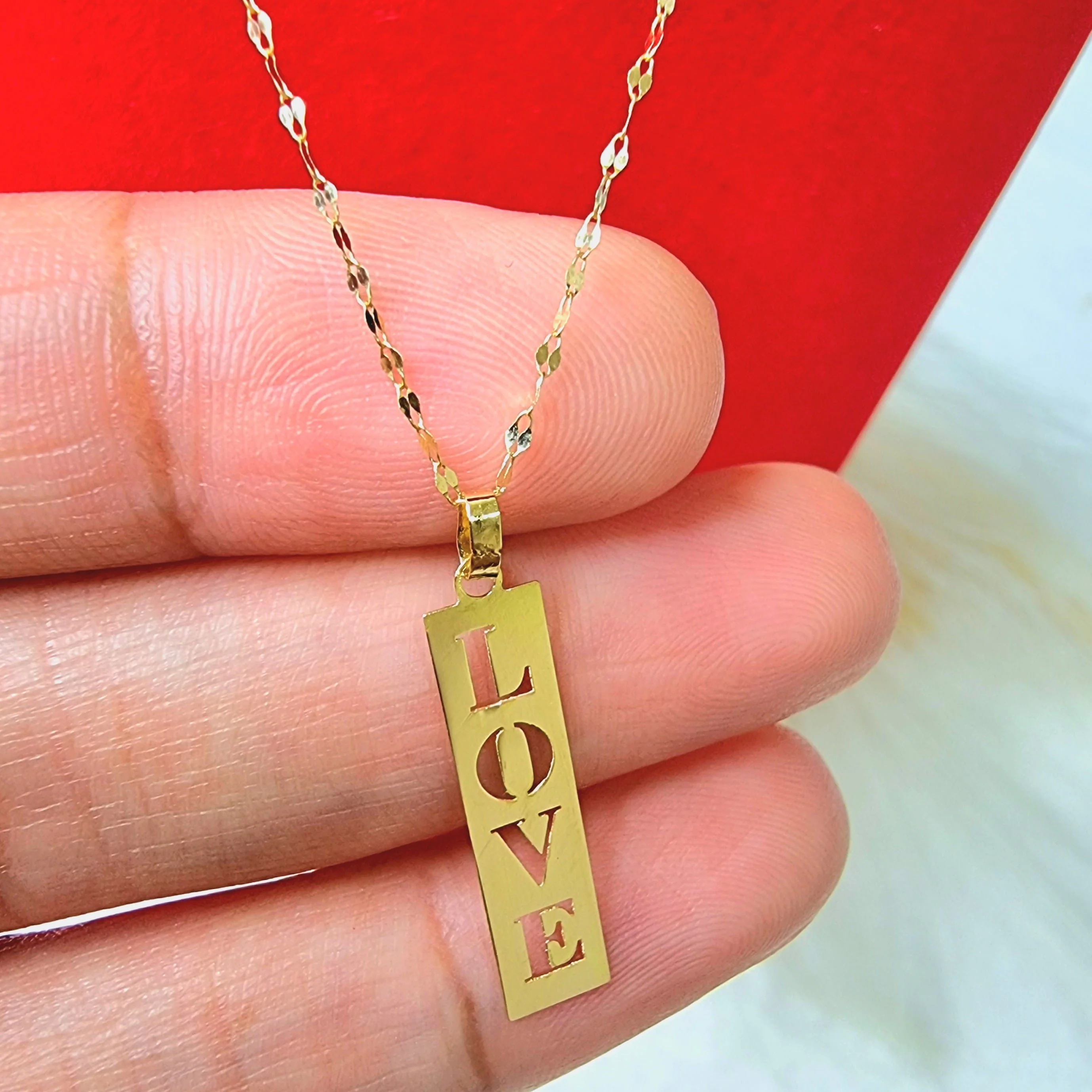 18K Pure Gold Flat Bar with Love Design Necklace - Image 4