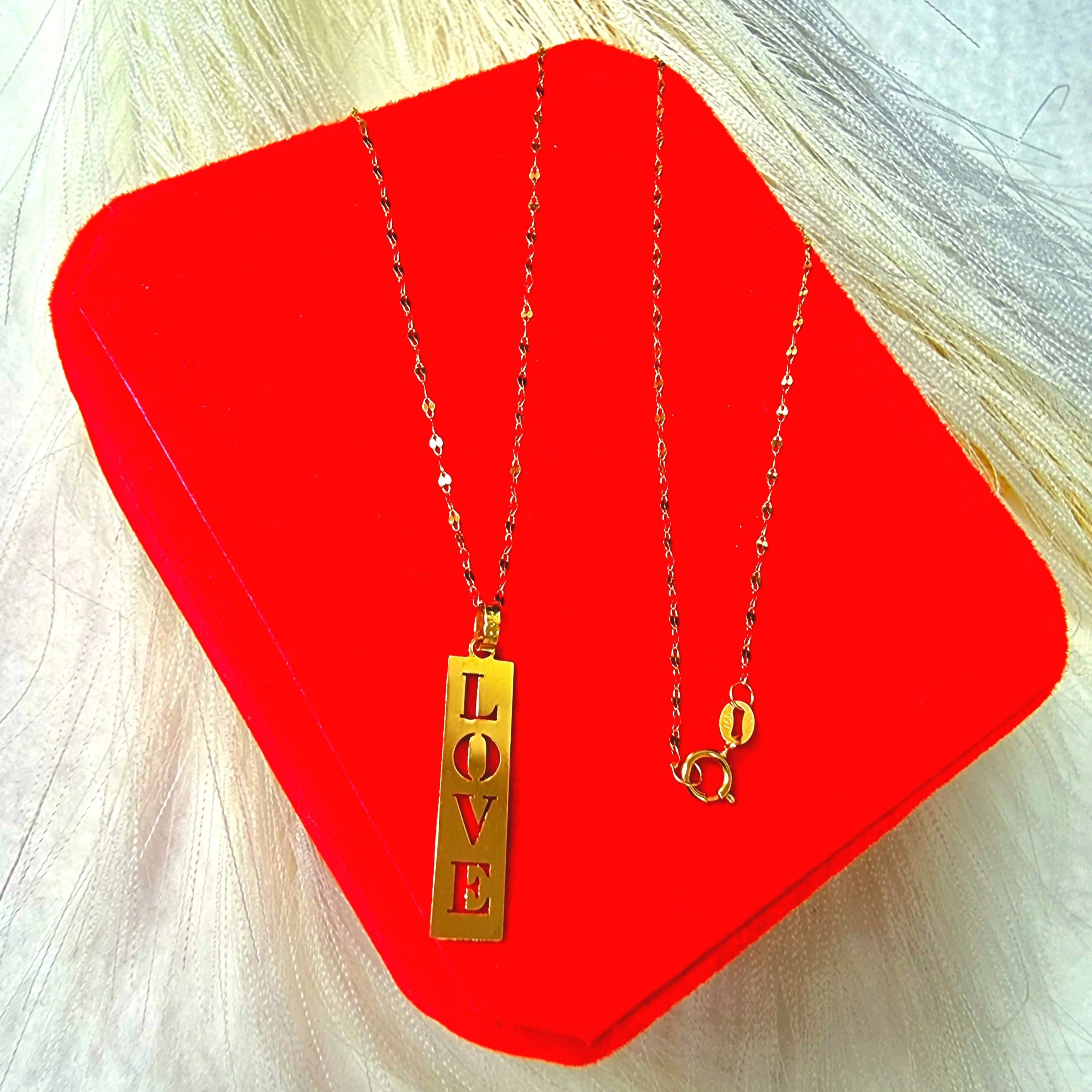 18K Pure Gold Flat Bar with Love Design Necklace - Image 5