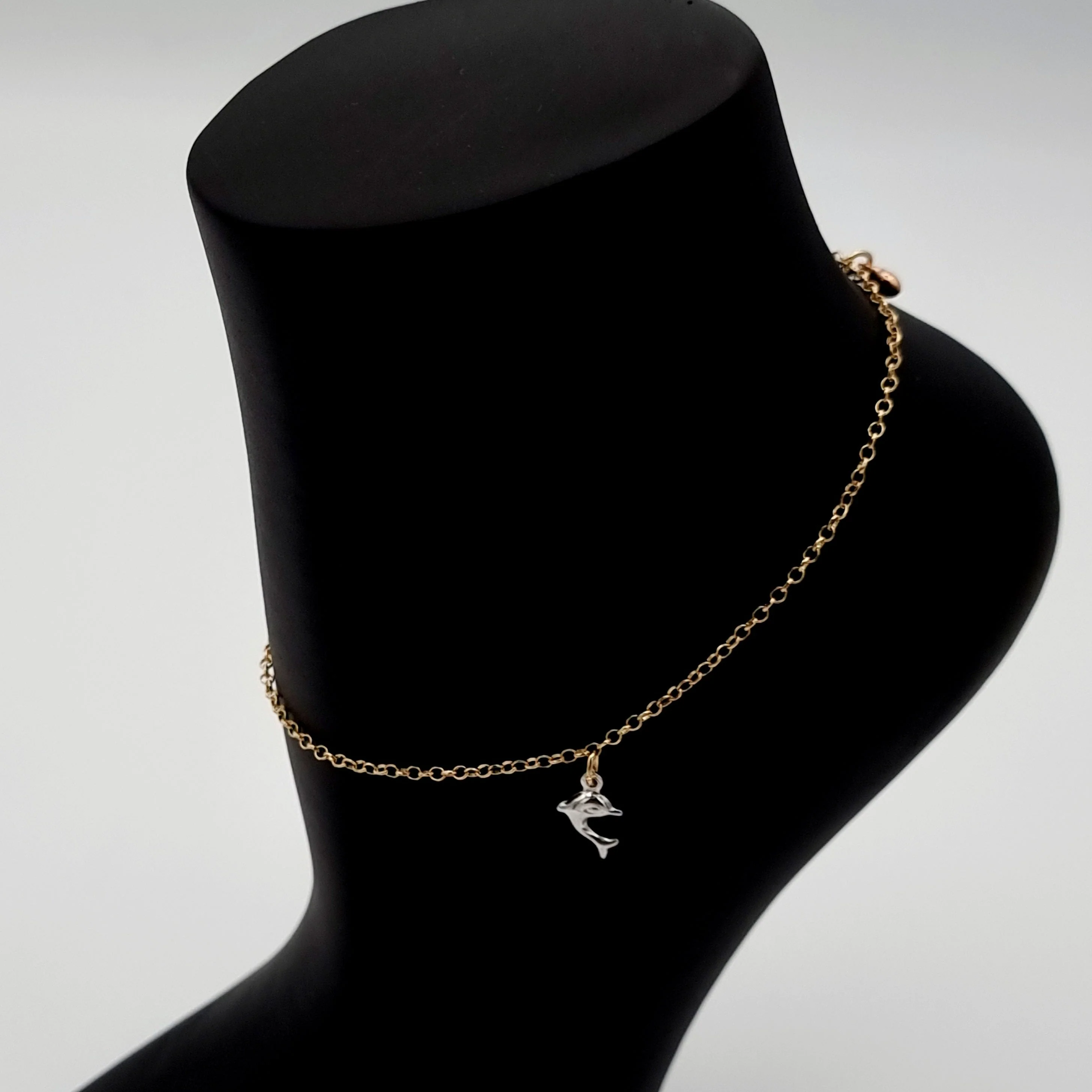 18K Pure Gold Hanging Dolphin Heart Anklet - Image 3
