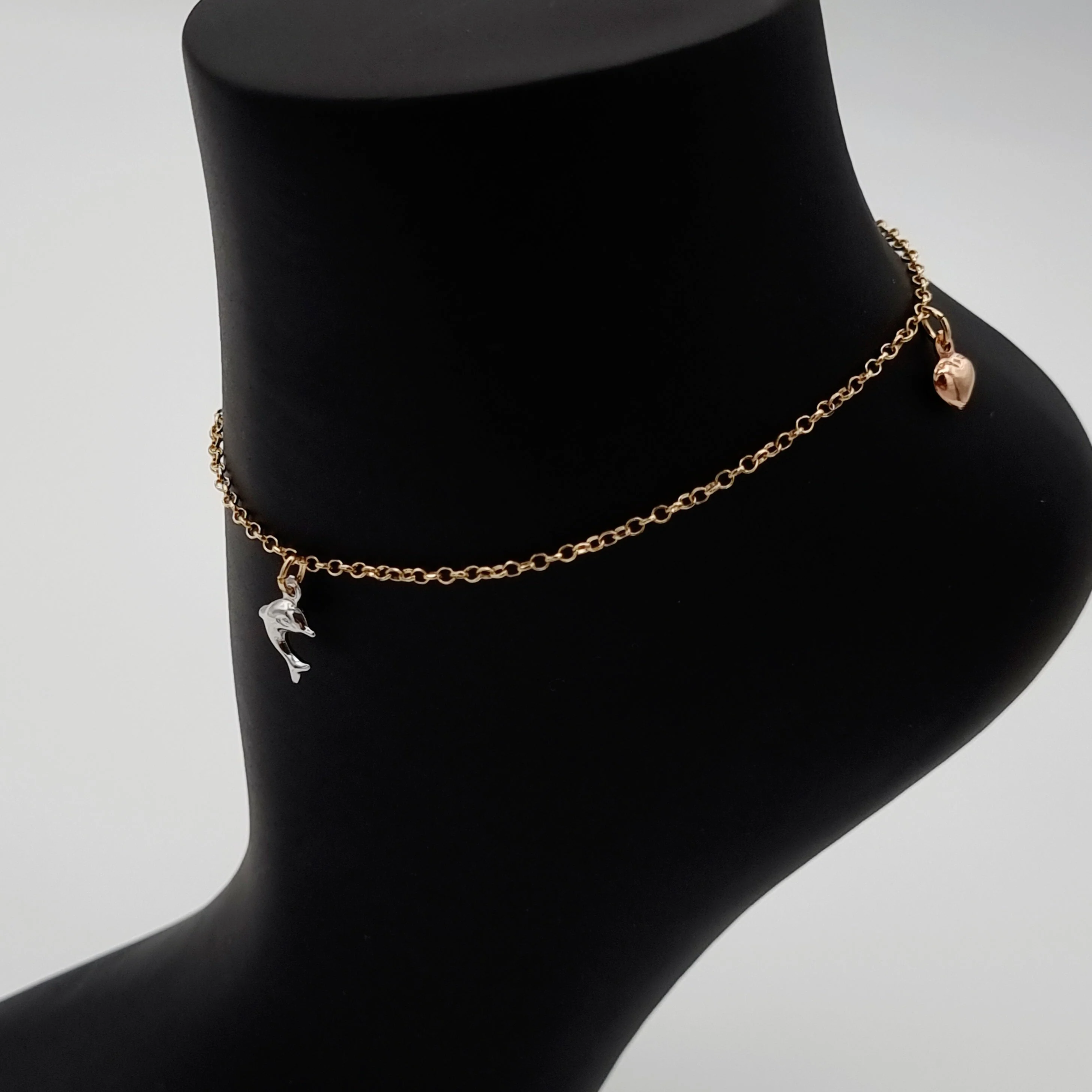 18K Pure Gold Hanging Dolphin Heart Anklet - Image 4