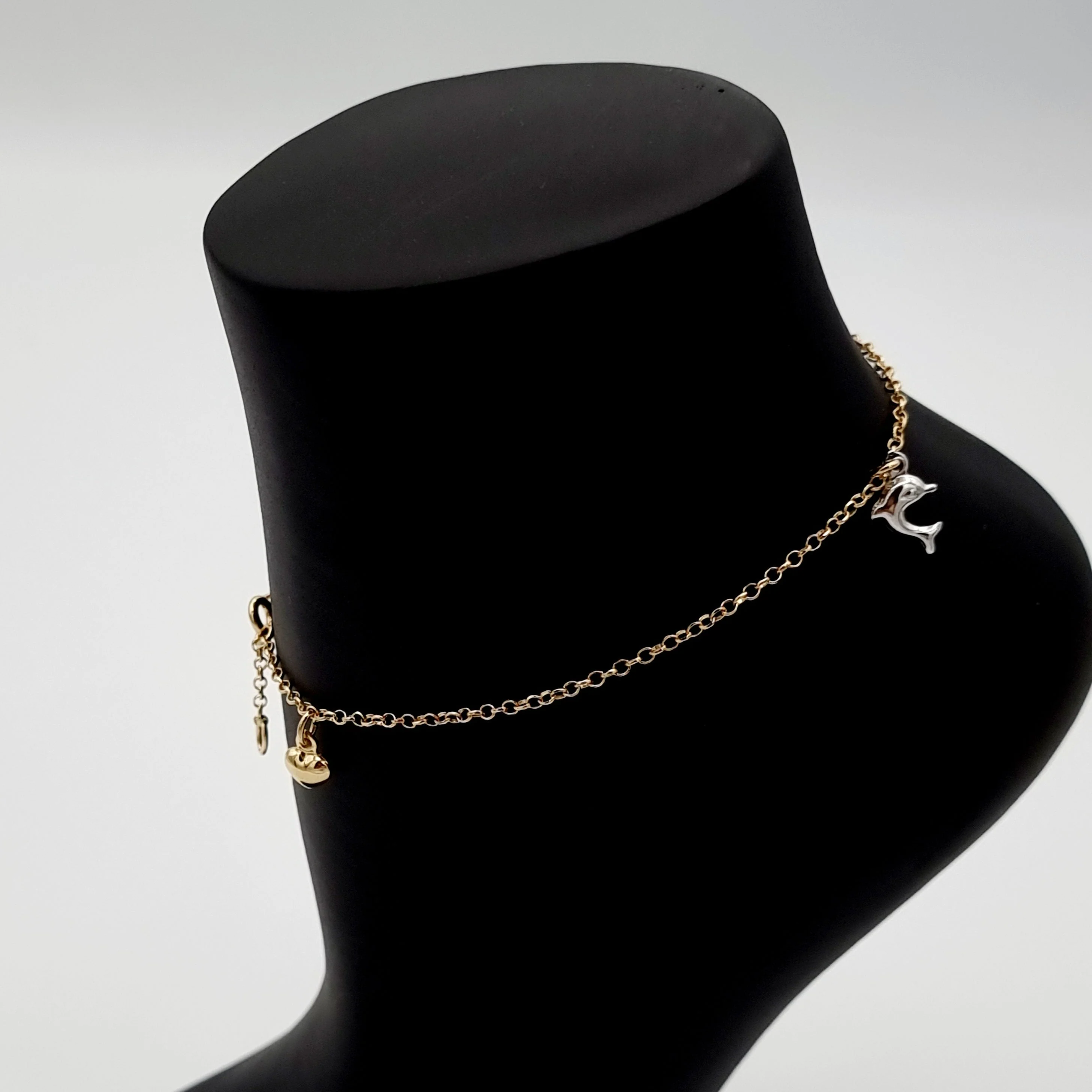 18K Pure Gold Hanging Dolphin Heart Anklet - Image 5