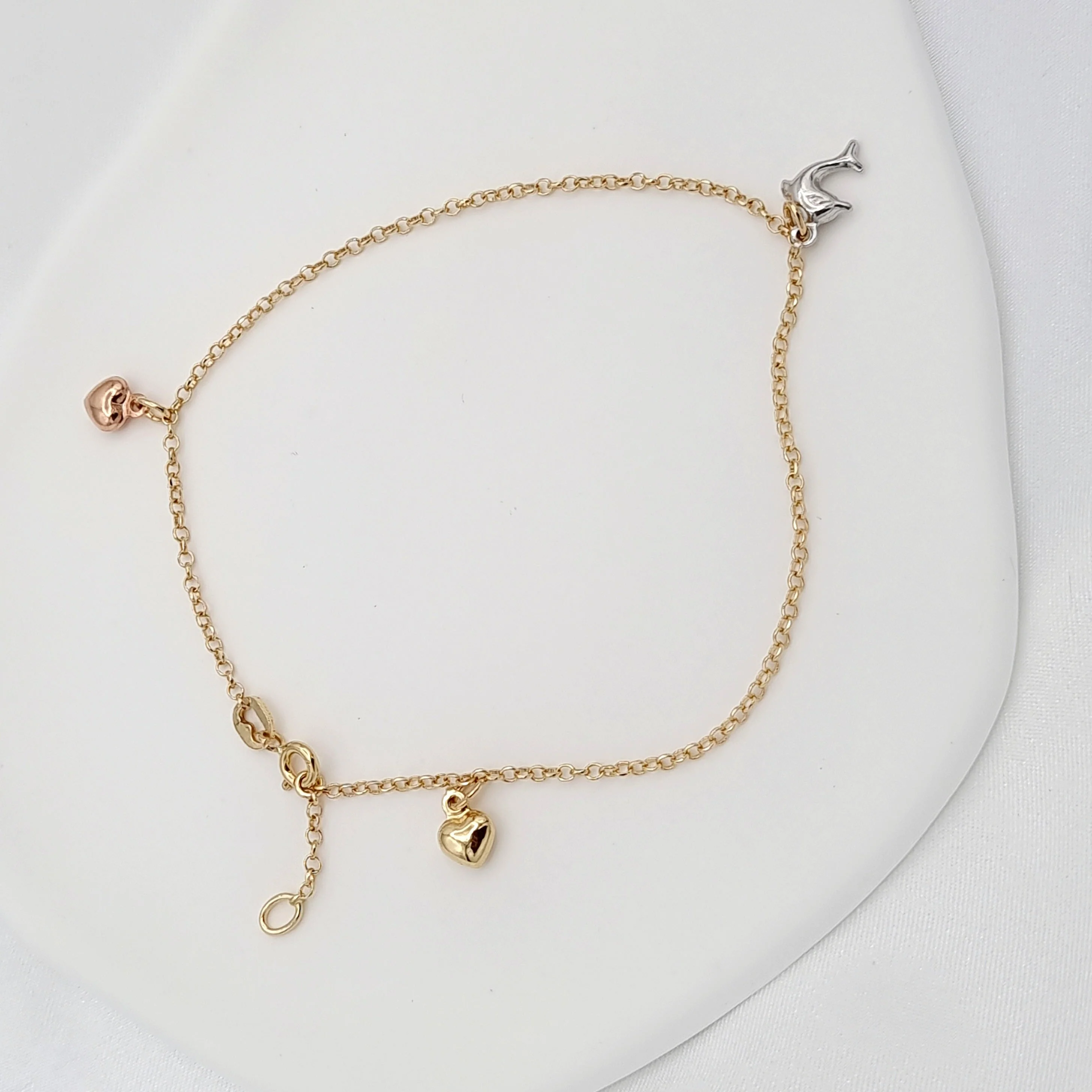 18K Pure Gold Hanging Dolphin Heart Anklet - Image 6