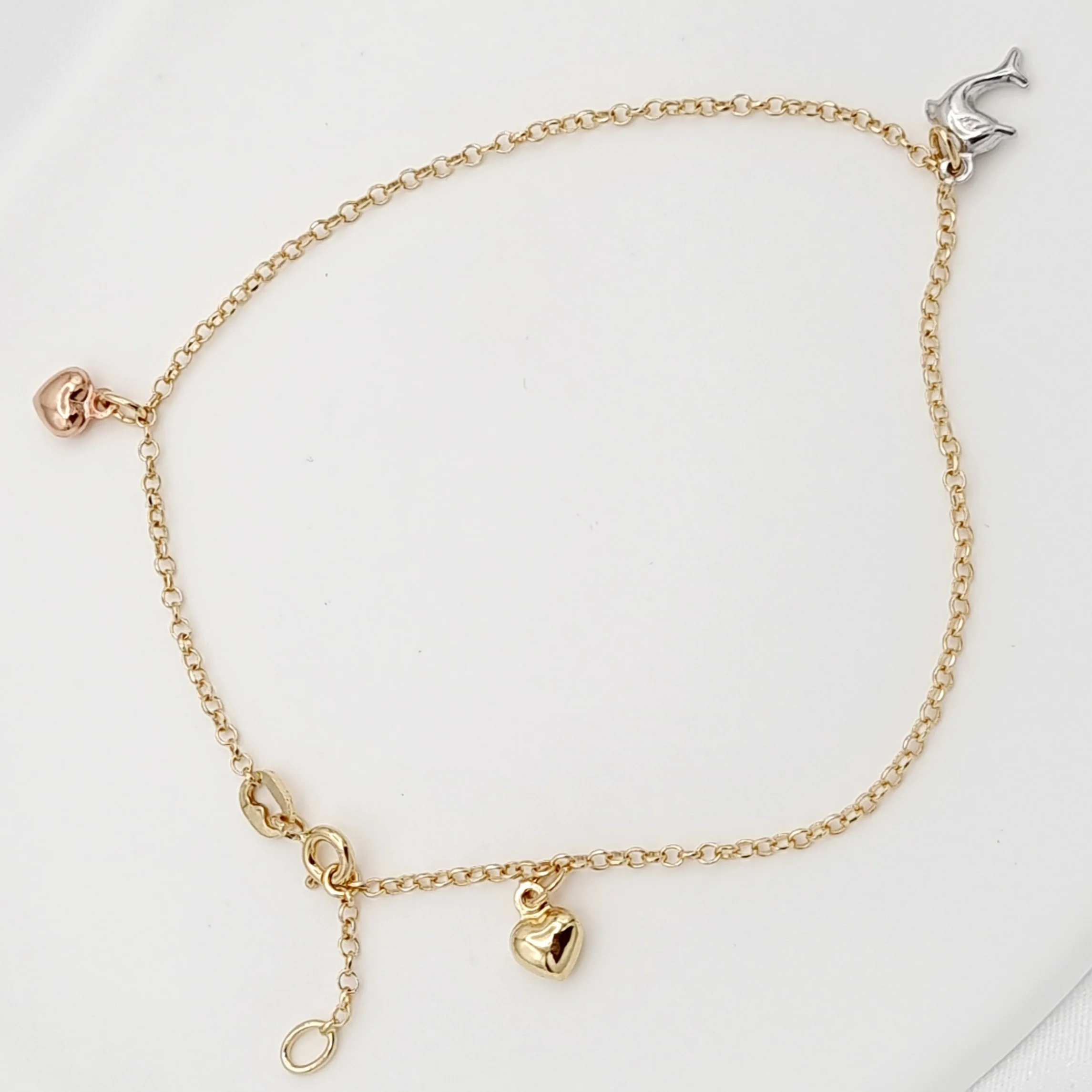 18K Pure Gold Hanging Dolphin Heart Anklet - Image 7