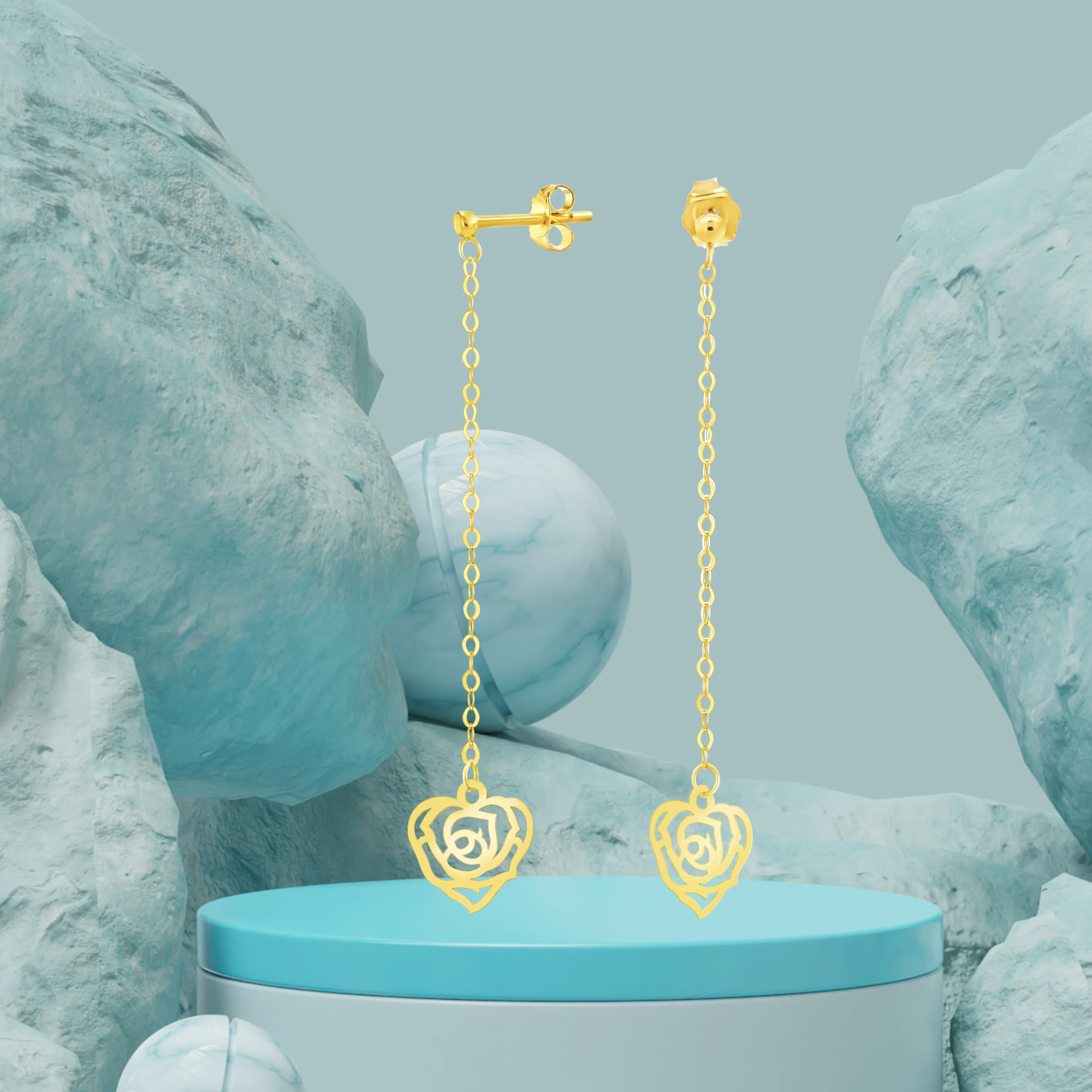 18K Pure Gold Hanging Heart Earring Set - Image 3