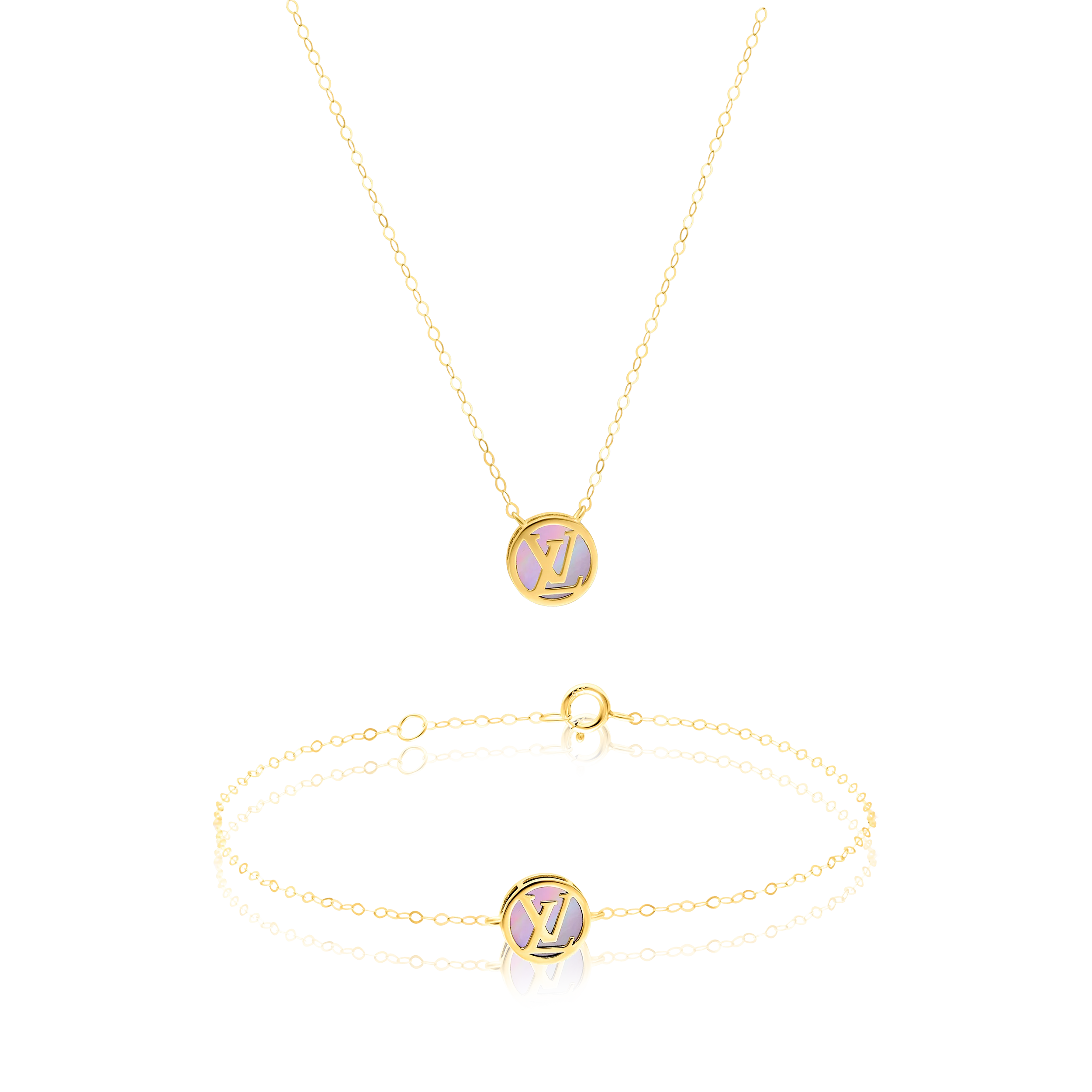 18K Pure Gold Round Pink L.V Jewelry Set Talagold