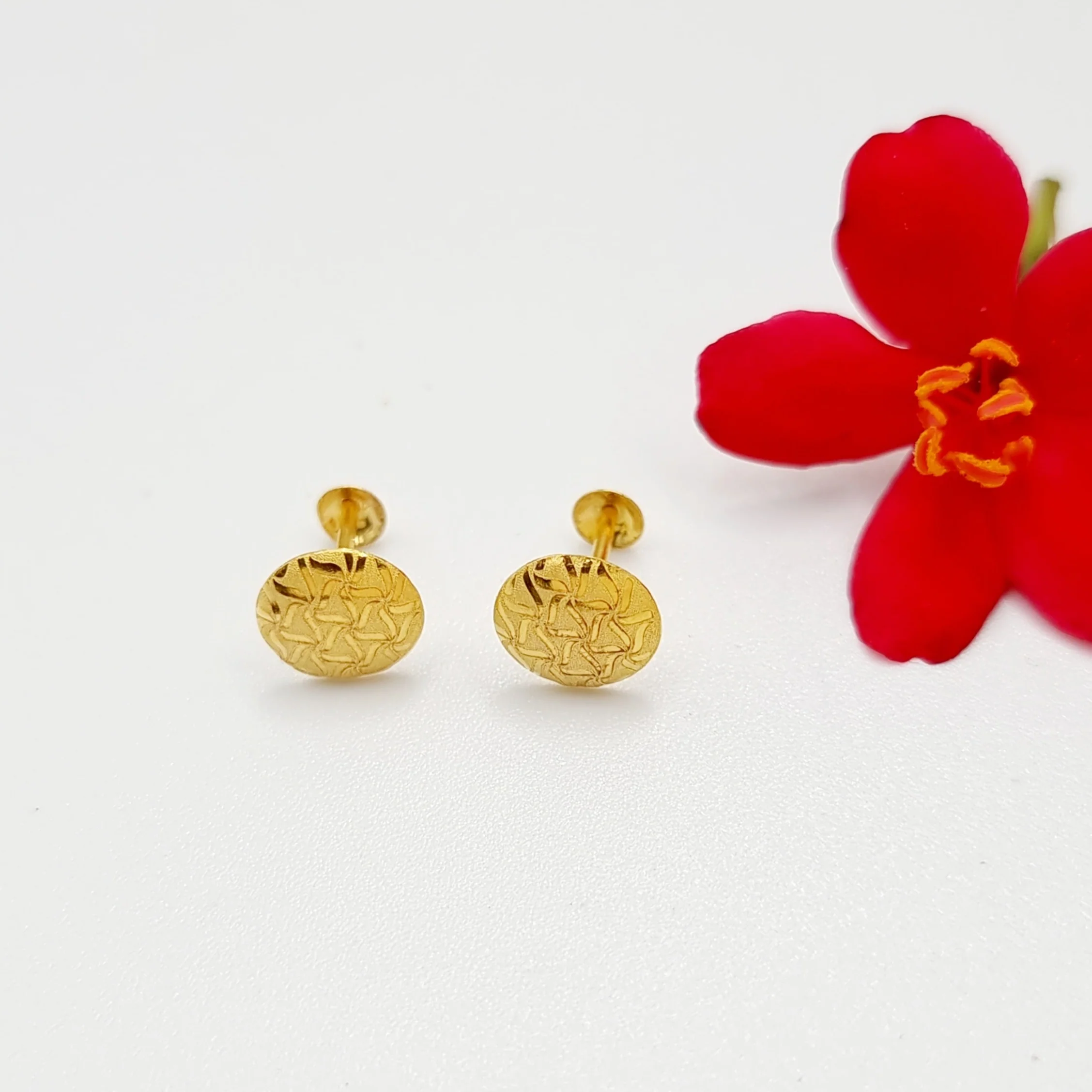 18K Pure Gold Round Stud Earring Set - Image 4