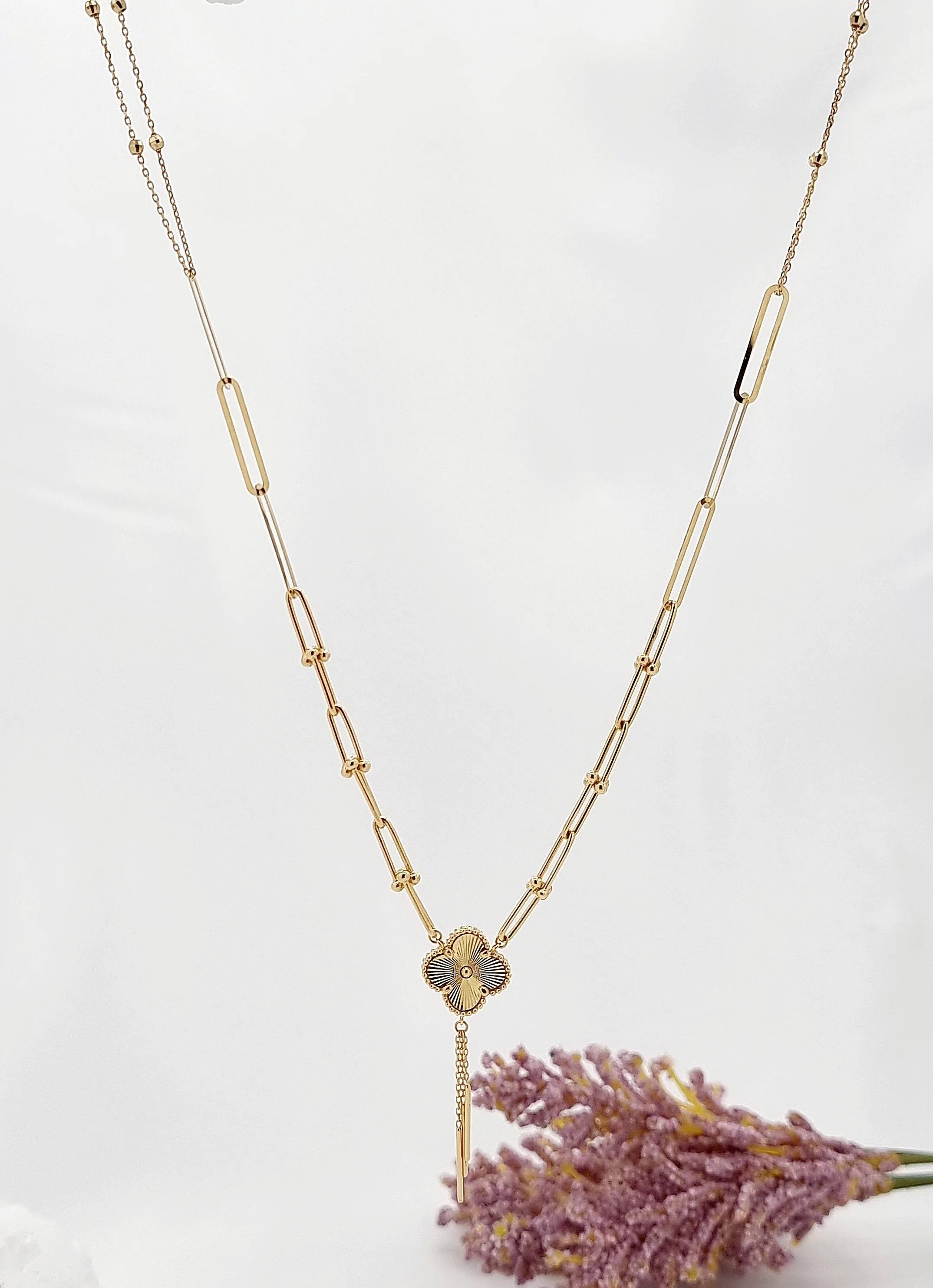 18K Pure Gold V.C Linked Flower Necklace - Image 3