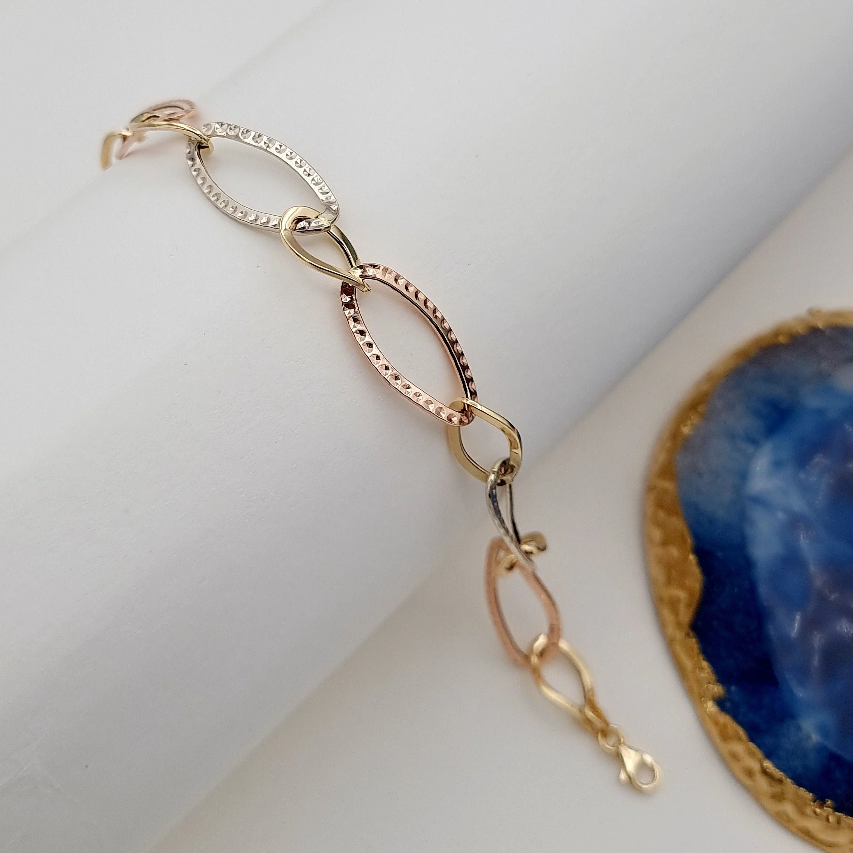 18K Pure Gold 3 Color Oval Linked Bracelet - Image 3