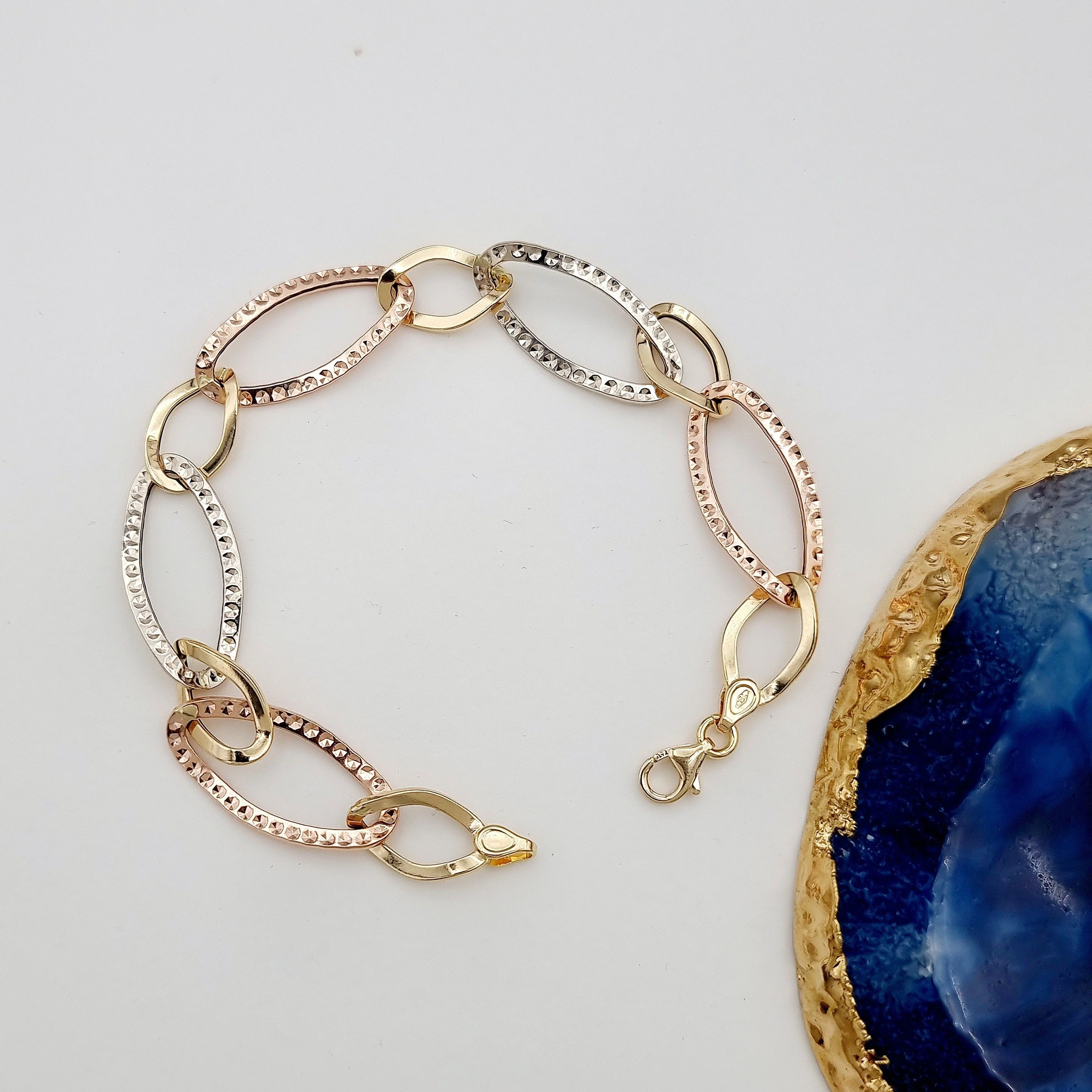 18K Pure Gold 3 Color Oval Linked Bracelet - Image 4