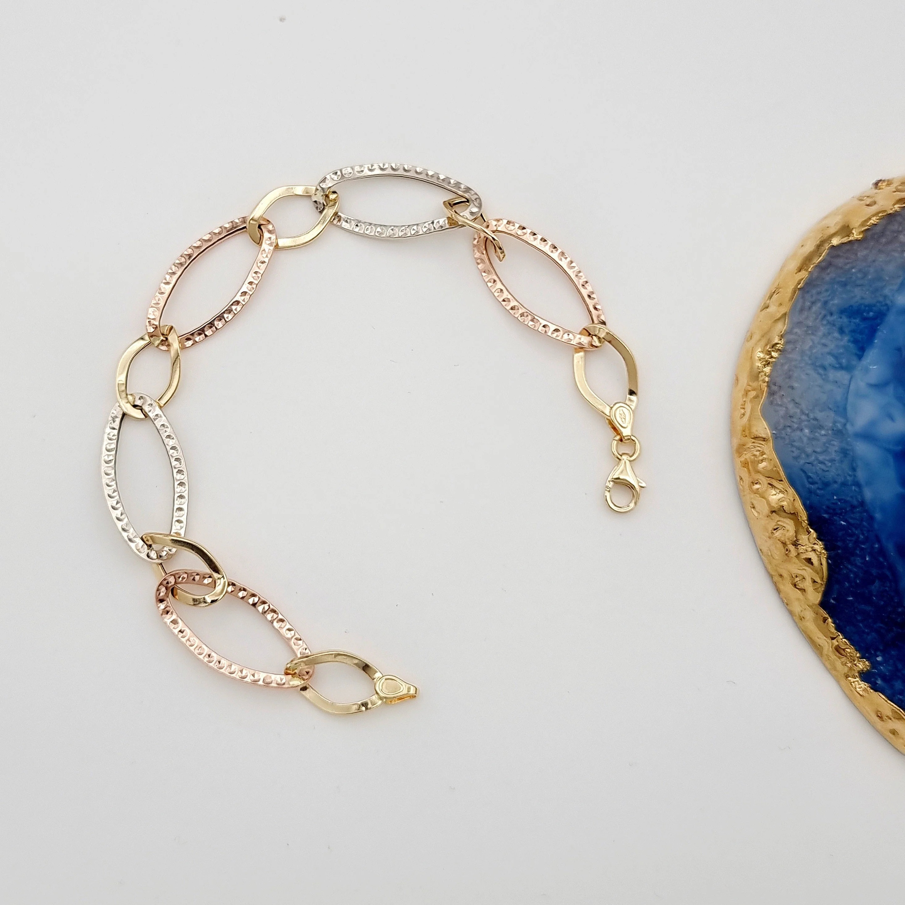 18K Pure Gold 3 Color Oval Linked Bracelet - Image 6