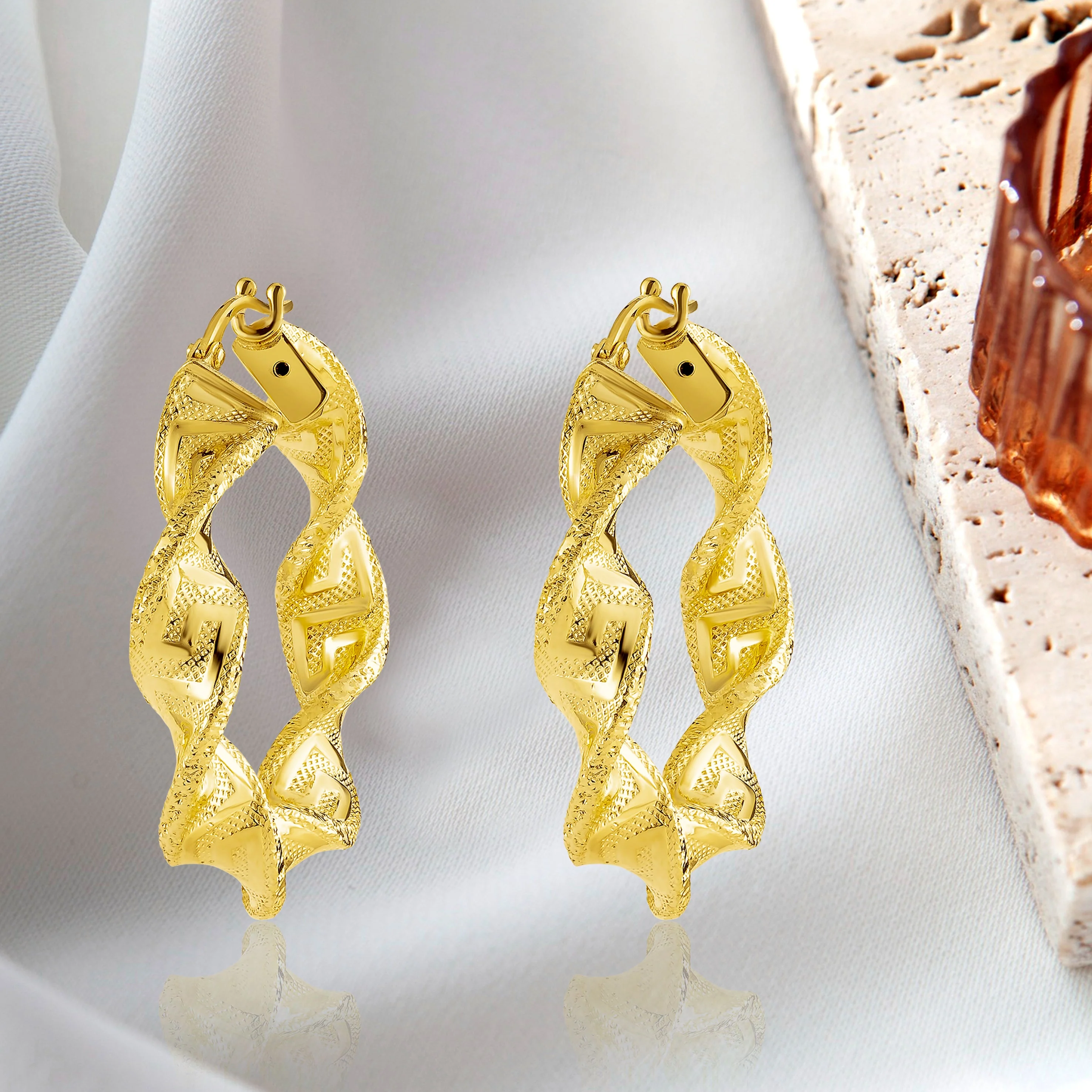 18K Pure Gold Twisted Round Loop Earrings - Image 2
