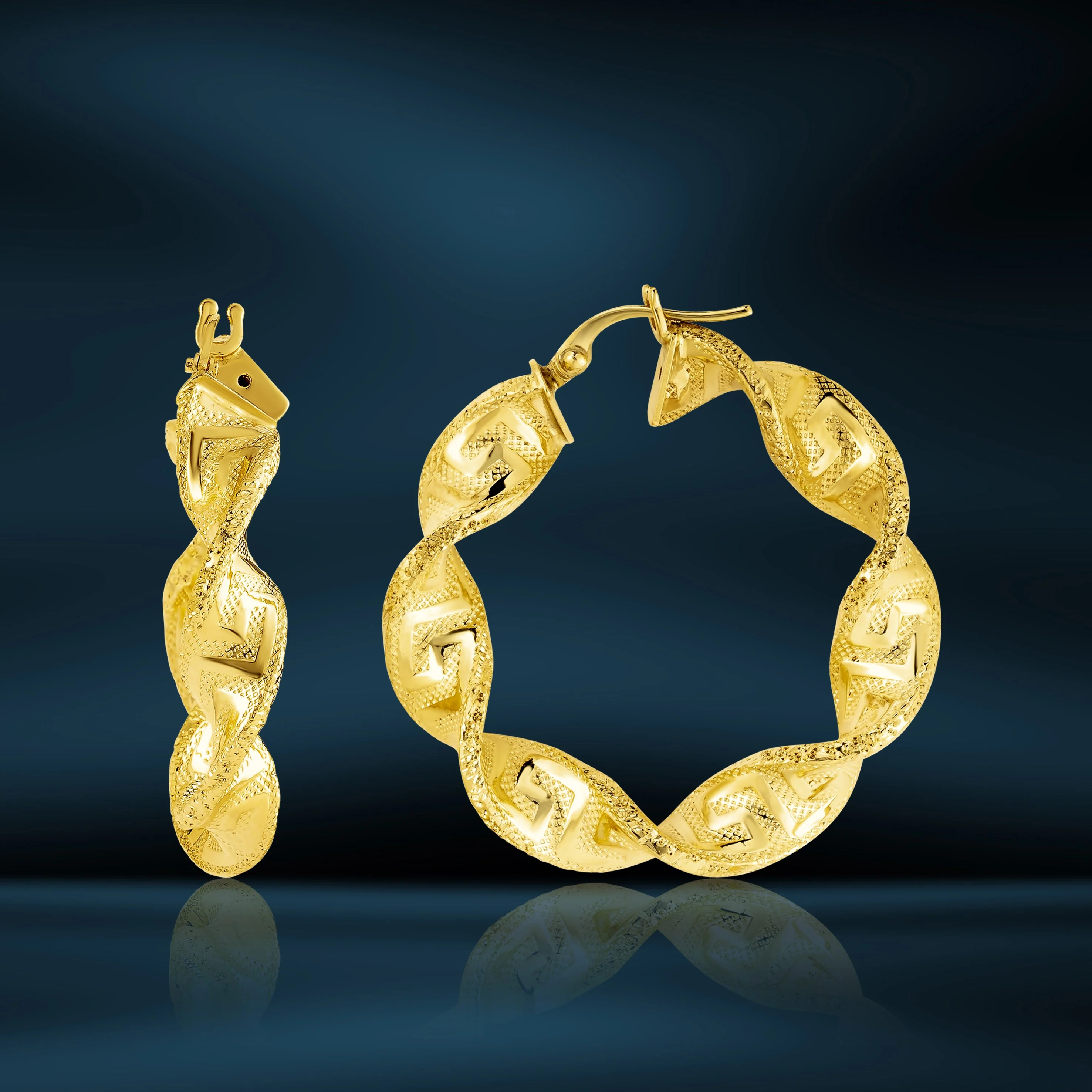 18K Pure Gold Twisted Round Loop Earrings - Image 4