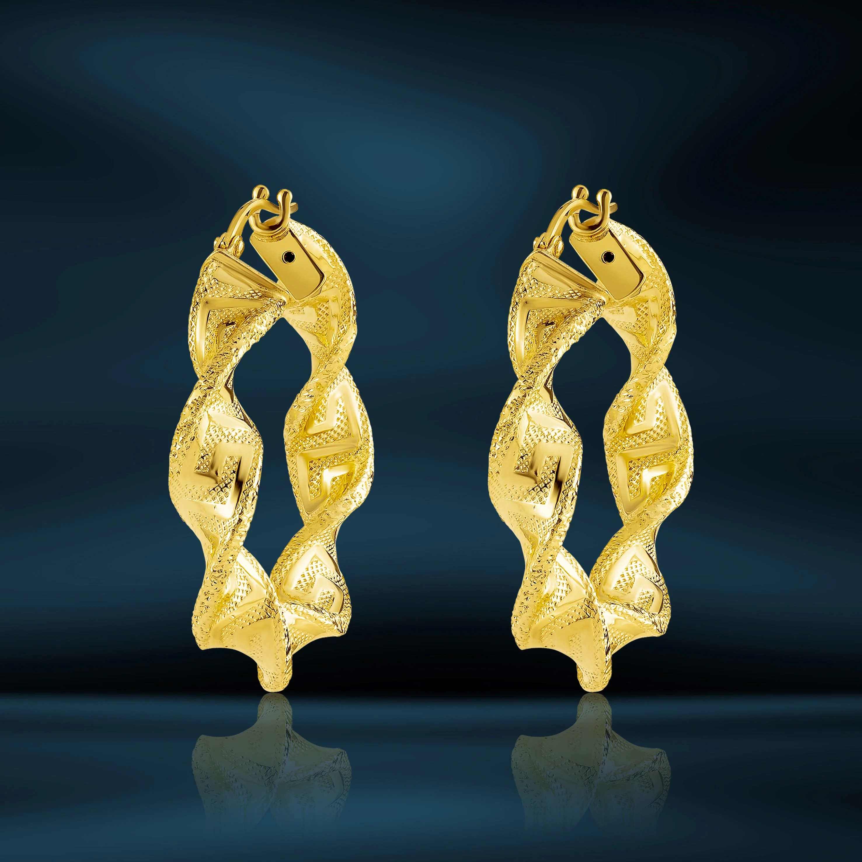 18K Pure Gold Twisted Round Loop Earrings - Image 5