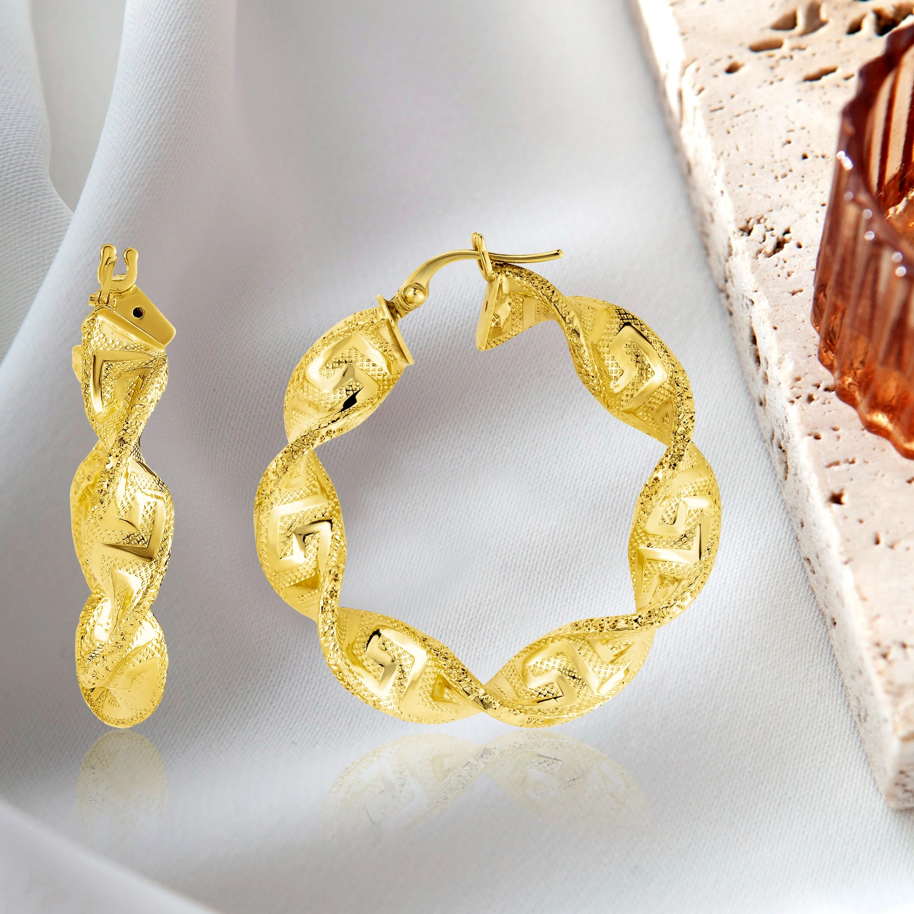 18K Pure Gold Twisted Round Loop Earrings - Image 6
