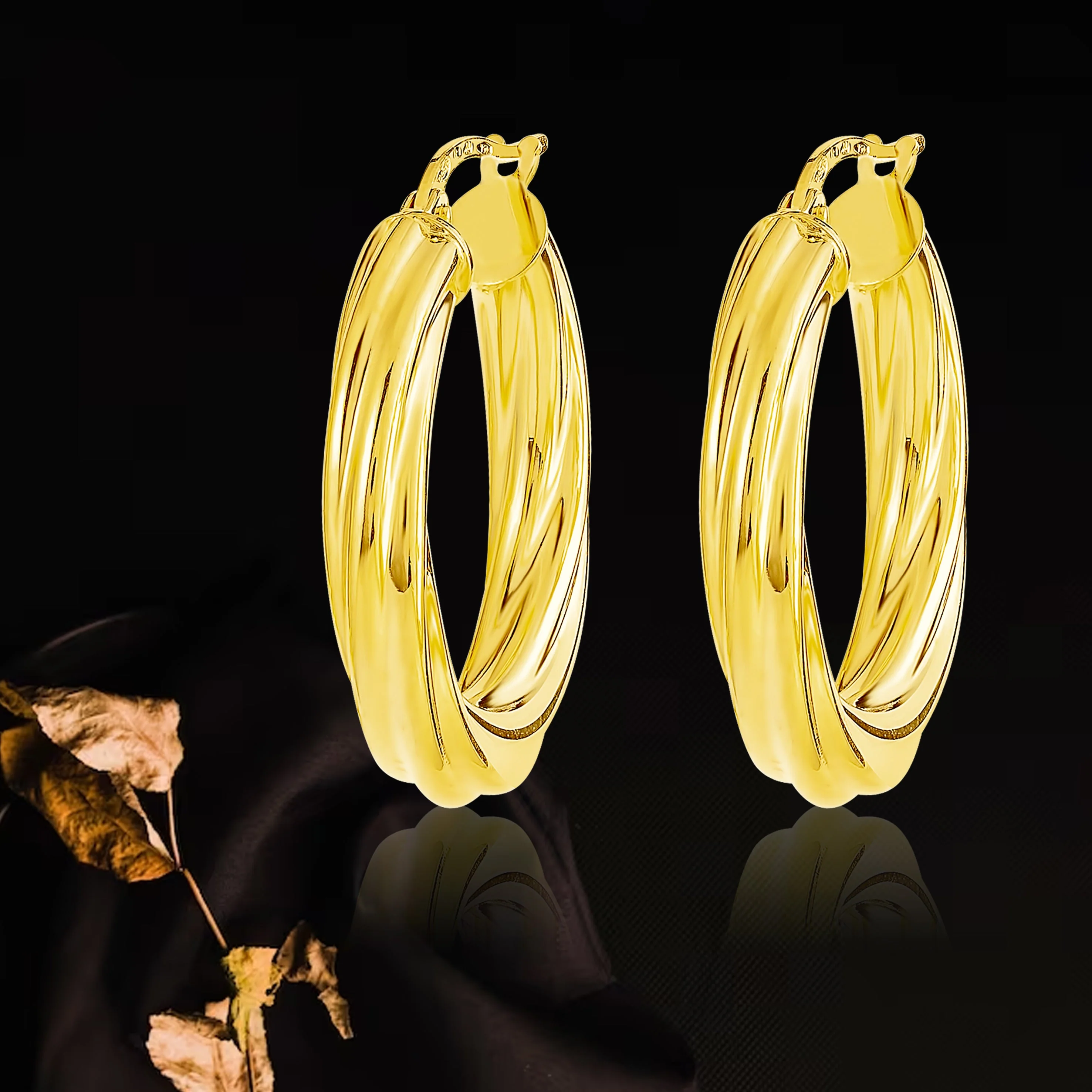 18K Pure Gold Twisted Round Loop Earrings - Image 2