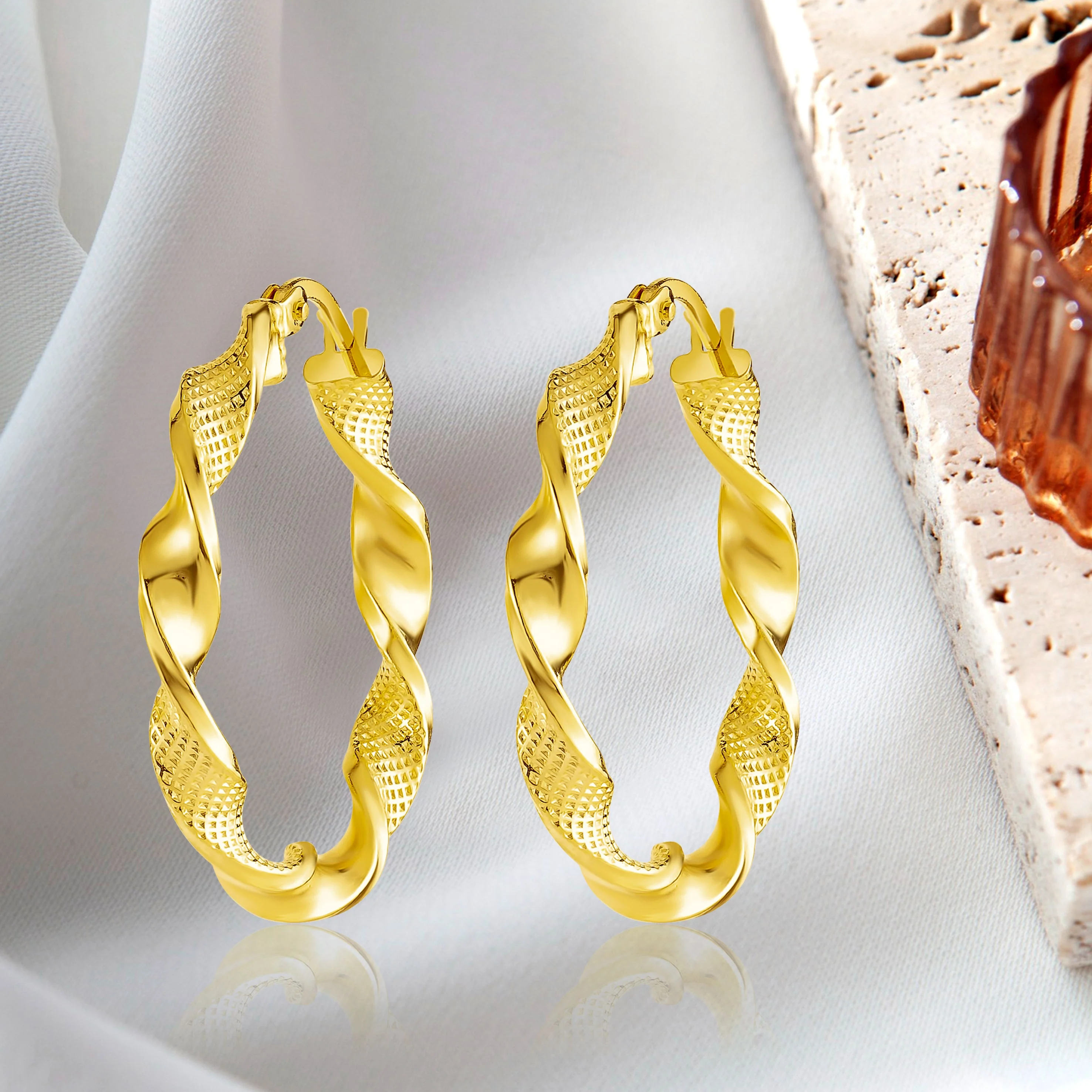 18K Pure Gold Twisted Round Loop Earrings - Image 2