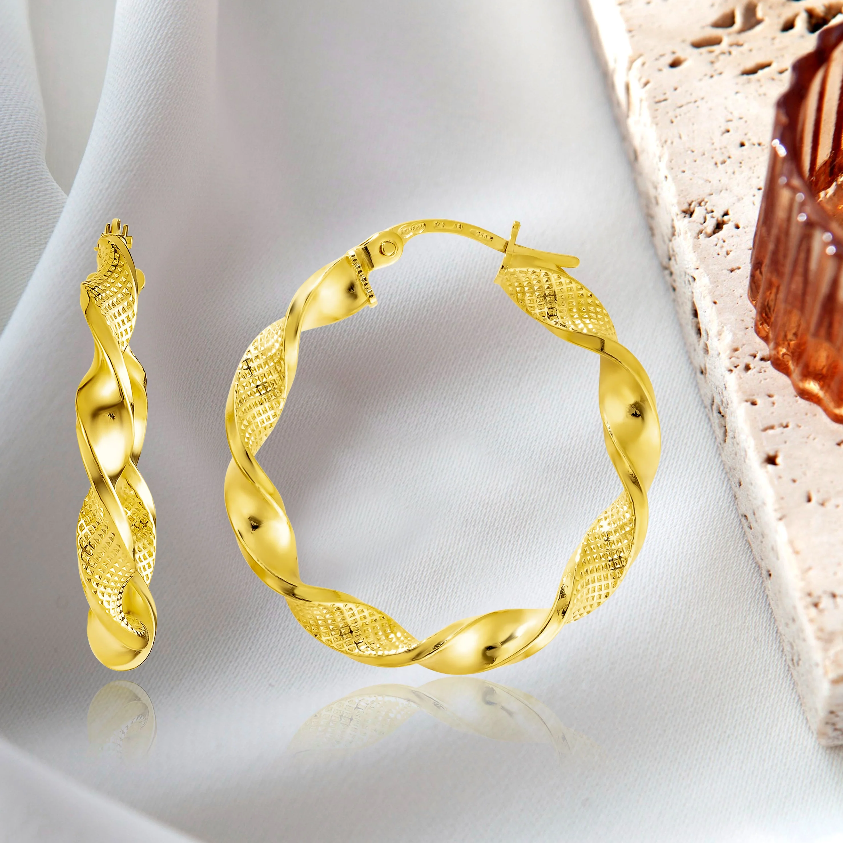 18K Pure Gold Twisted Round Loop Earrings - Image 4