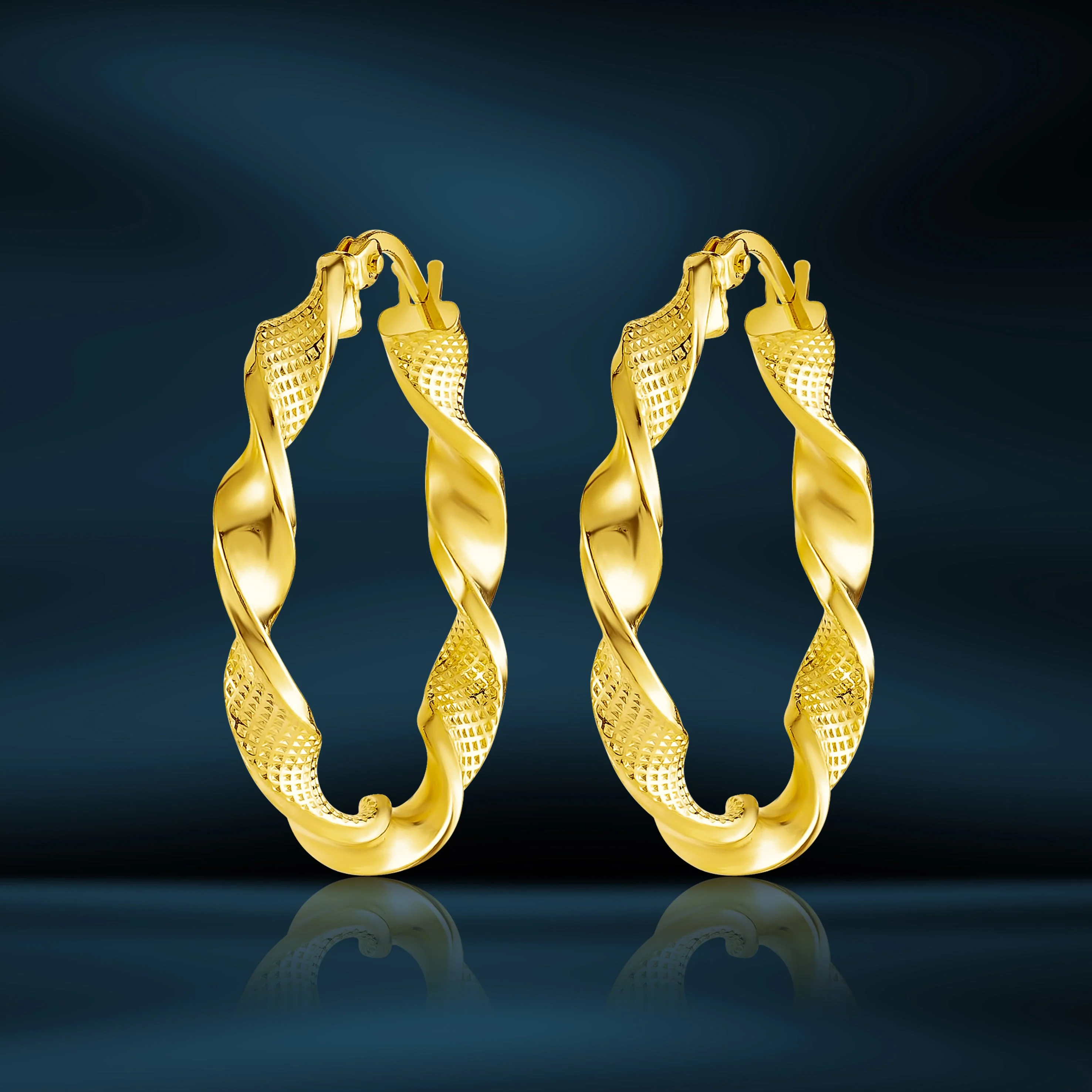 18K Pure Gold Twisted Round Loop Earrings - Image 5