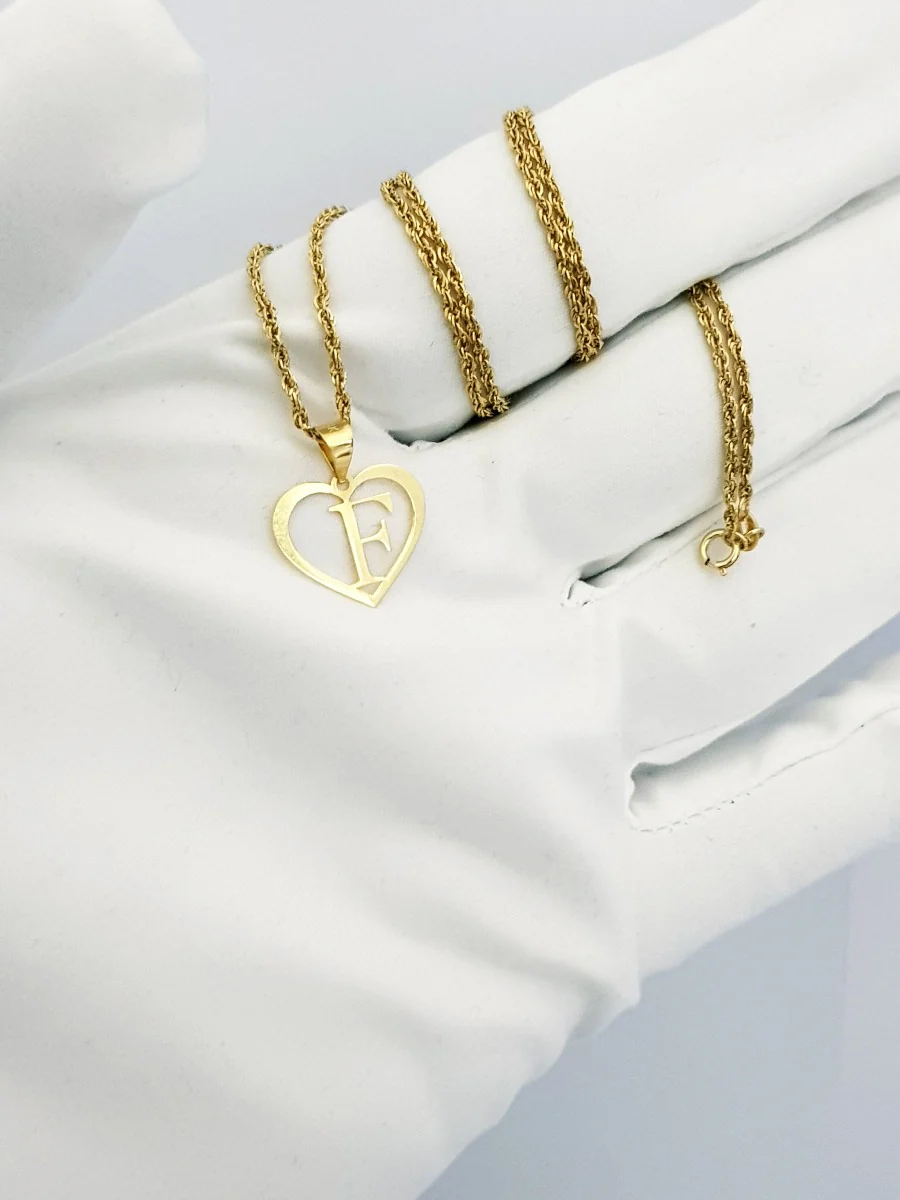 18K Pure Gold Heart Letter F Design Necklace - Image 4