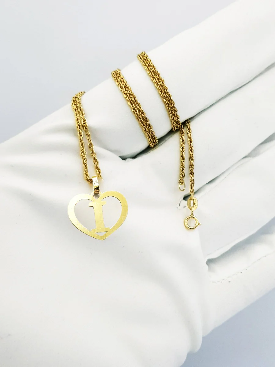 18K Pure Gold Heart Letter I Design Necklace - Image 5