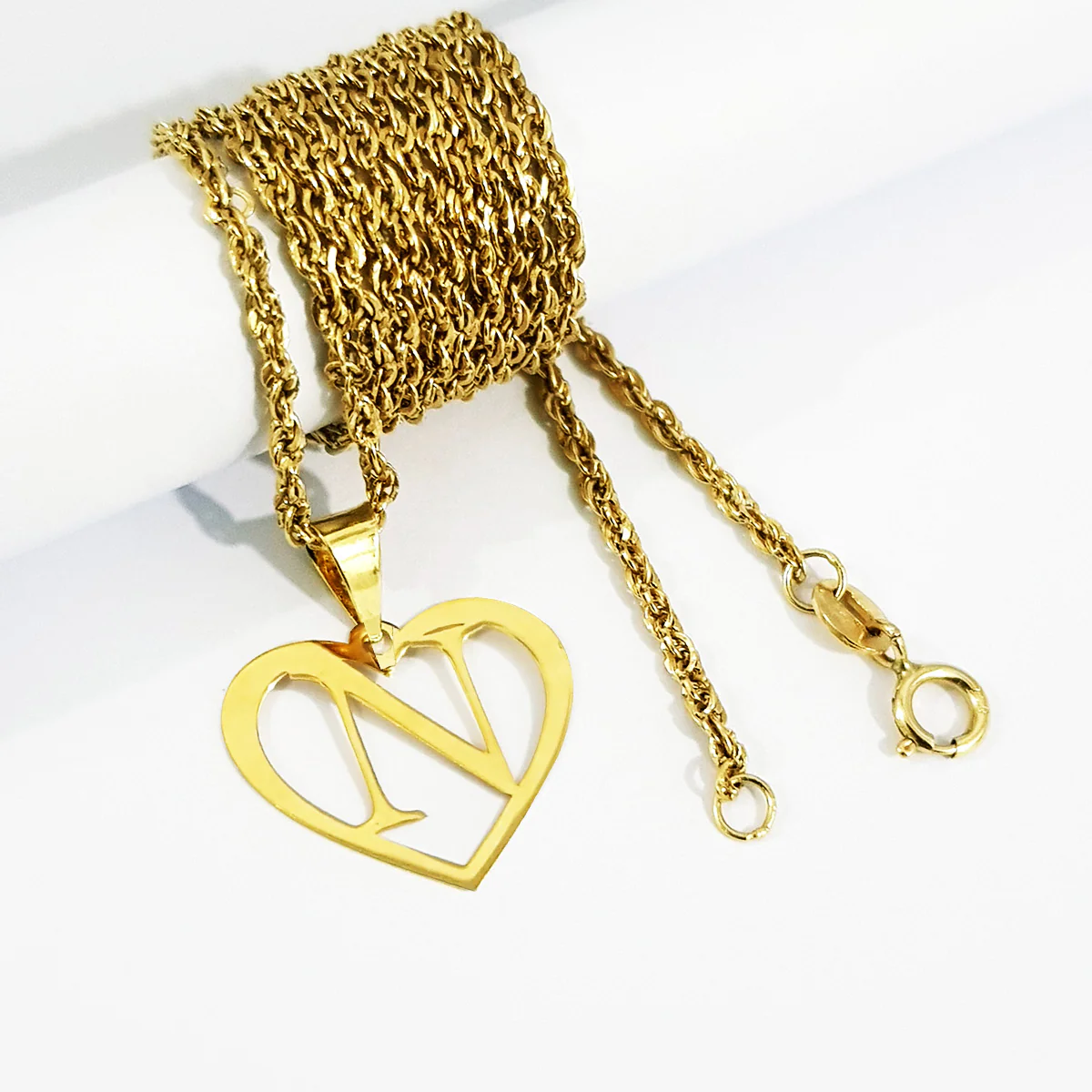 18K Pure Gold Heart Letter N Design Necklace - Image 3