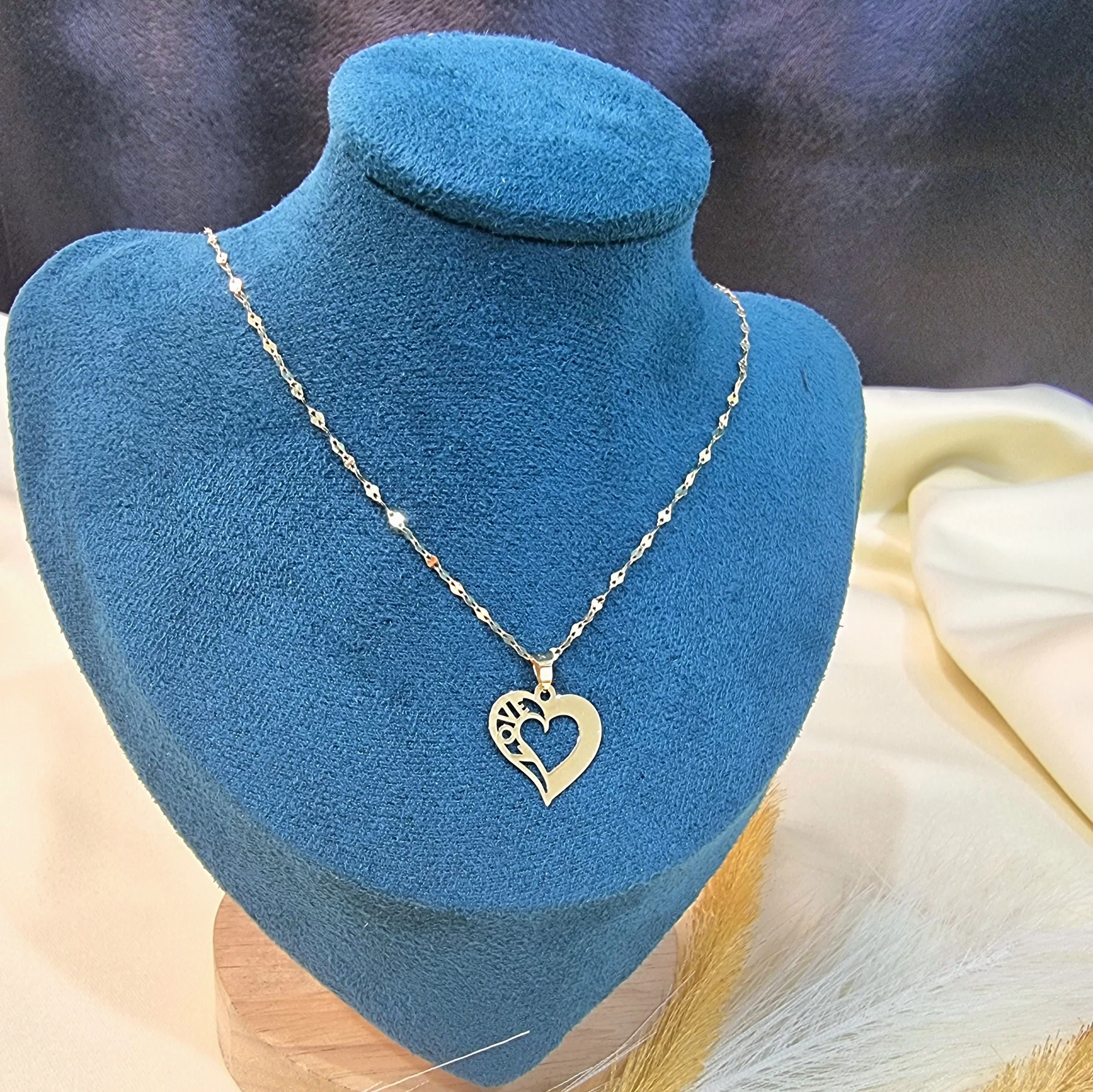18K Pure Gold Heart w/ Love Design Necklace - Image 3