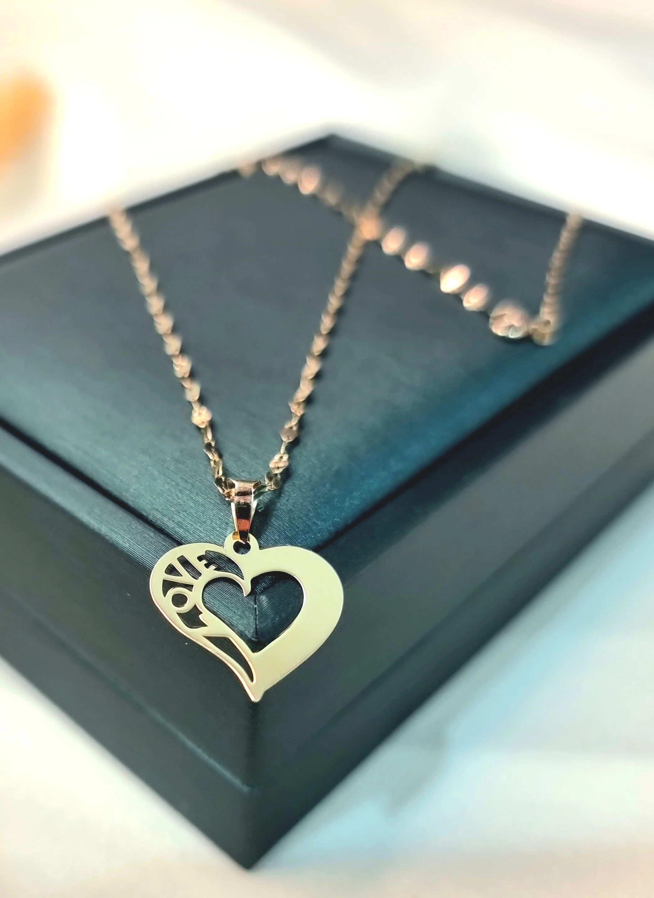 18K Pure Gold Heart w/ Love Design Necklace - Image 4