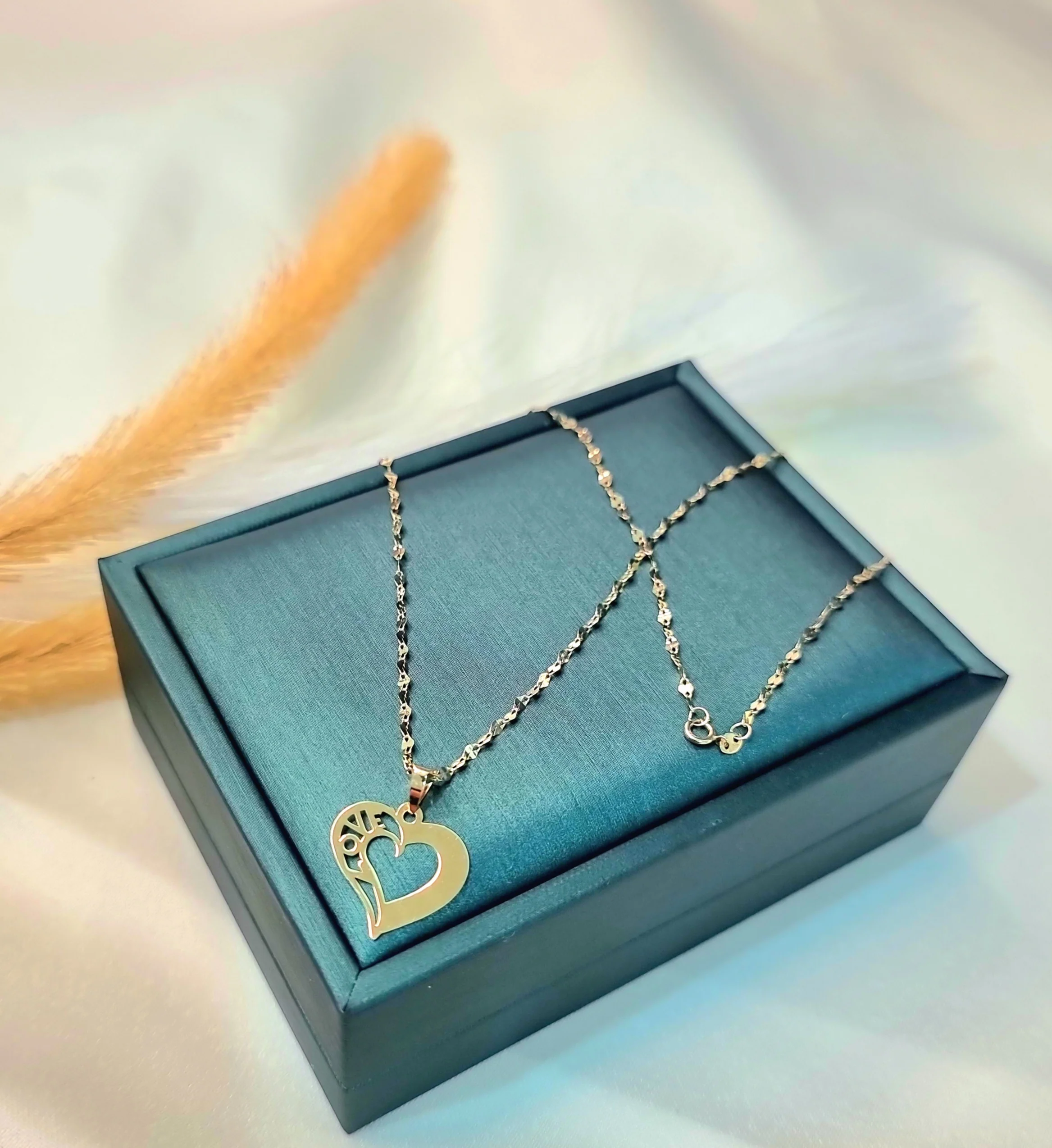 18K Pure Gold Heart w/ Love Design Necklace - Image 5