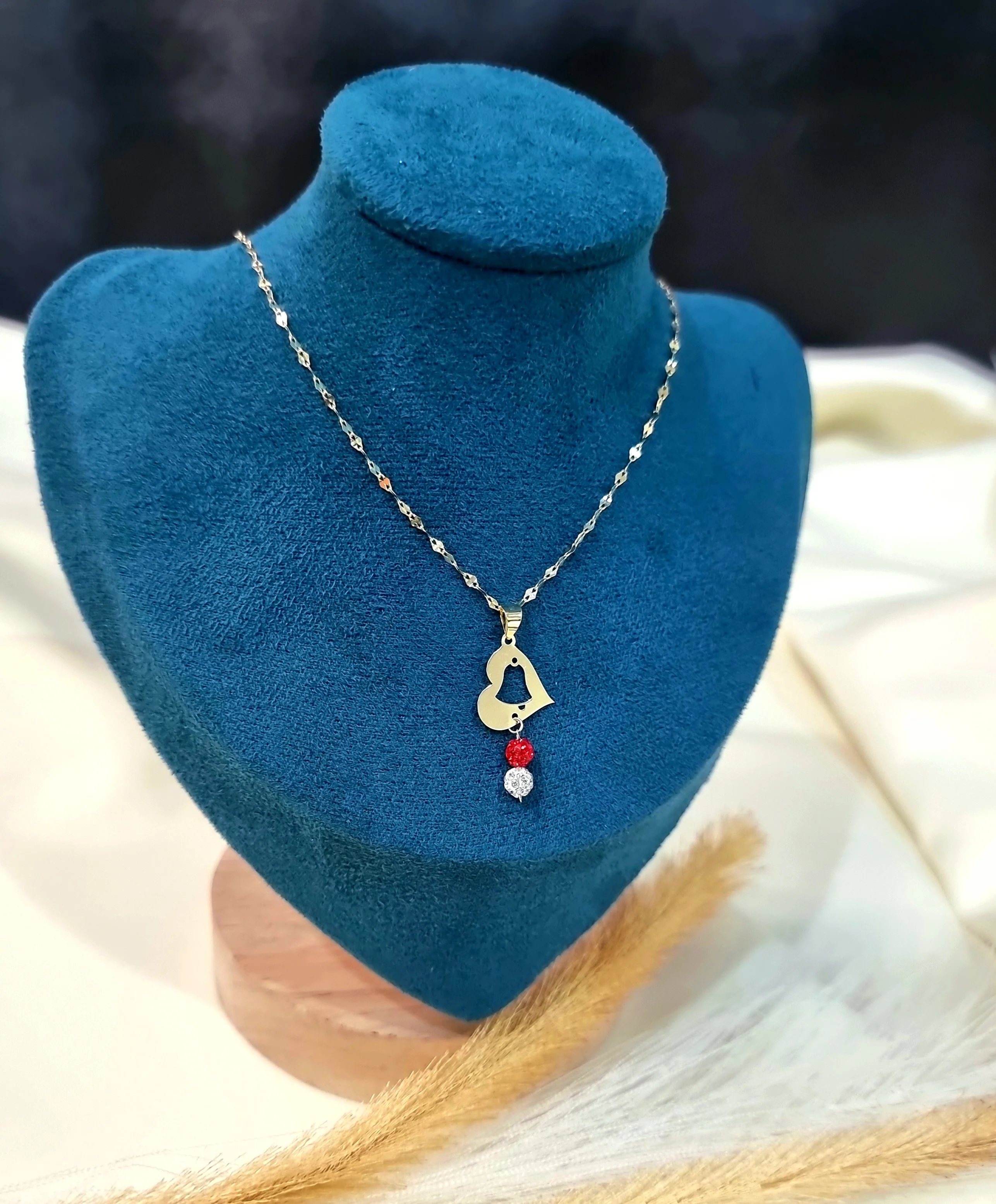 18K Pure Gold Heart w/ Swarski Design Necklace - Image 6