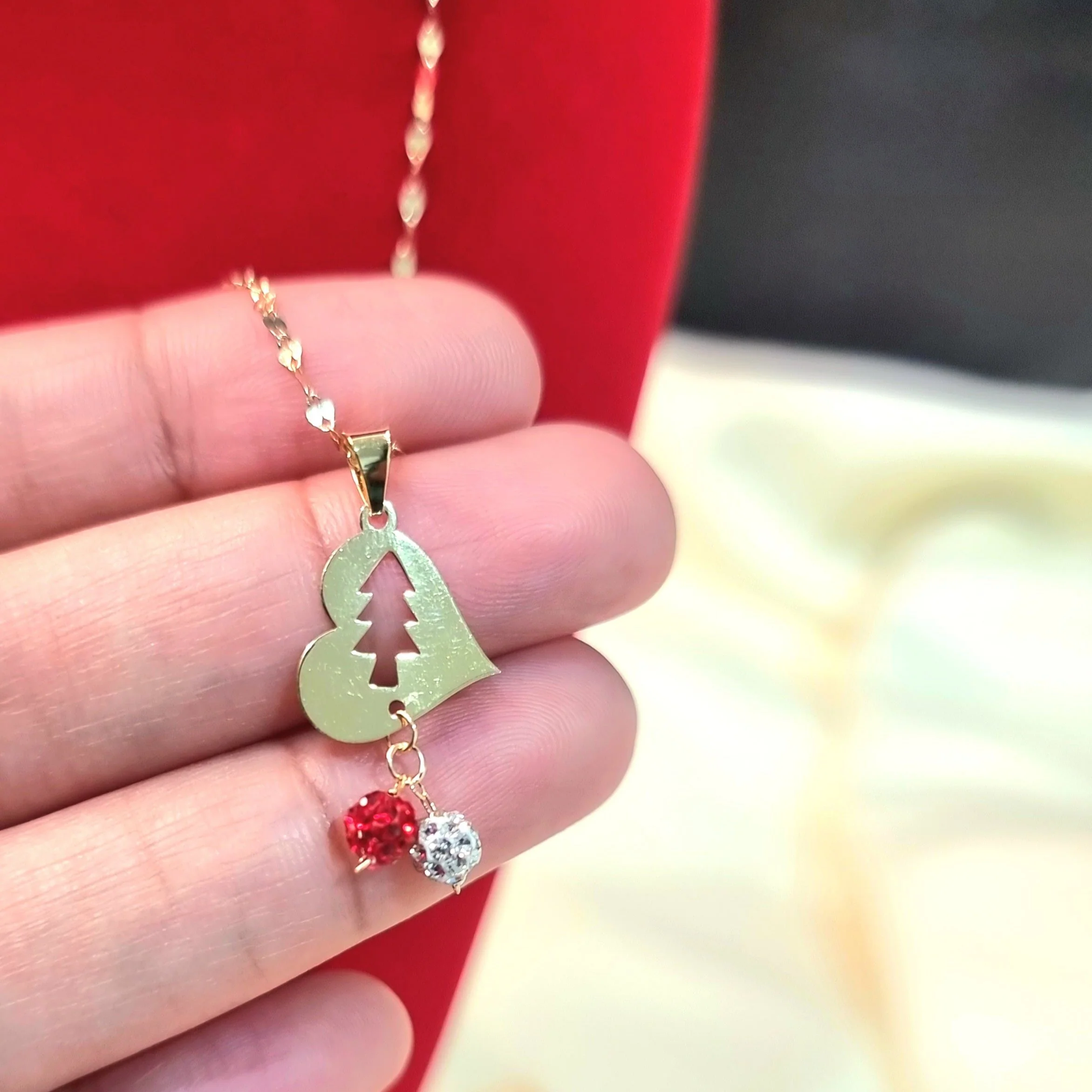 18K Pure Gold Heart With Swarski Design Necklace - Image 3