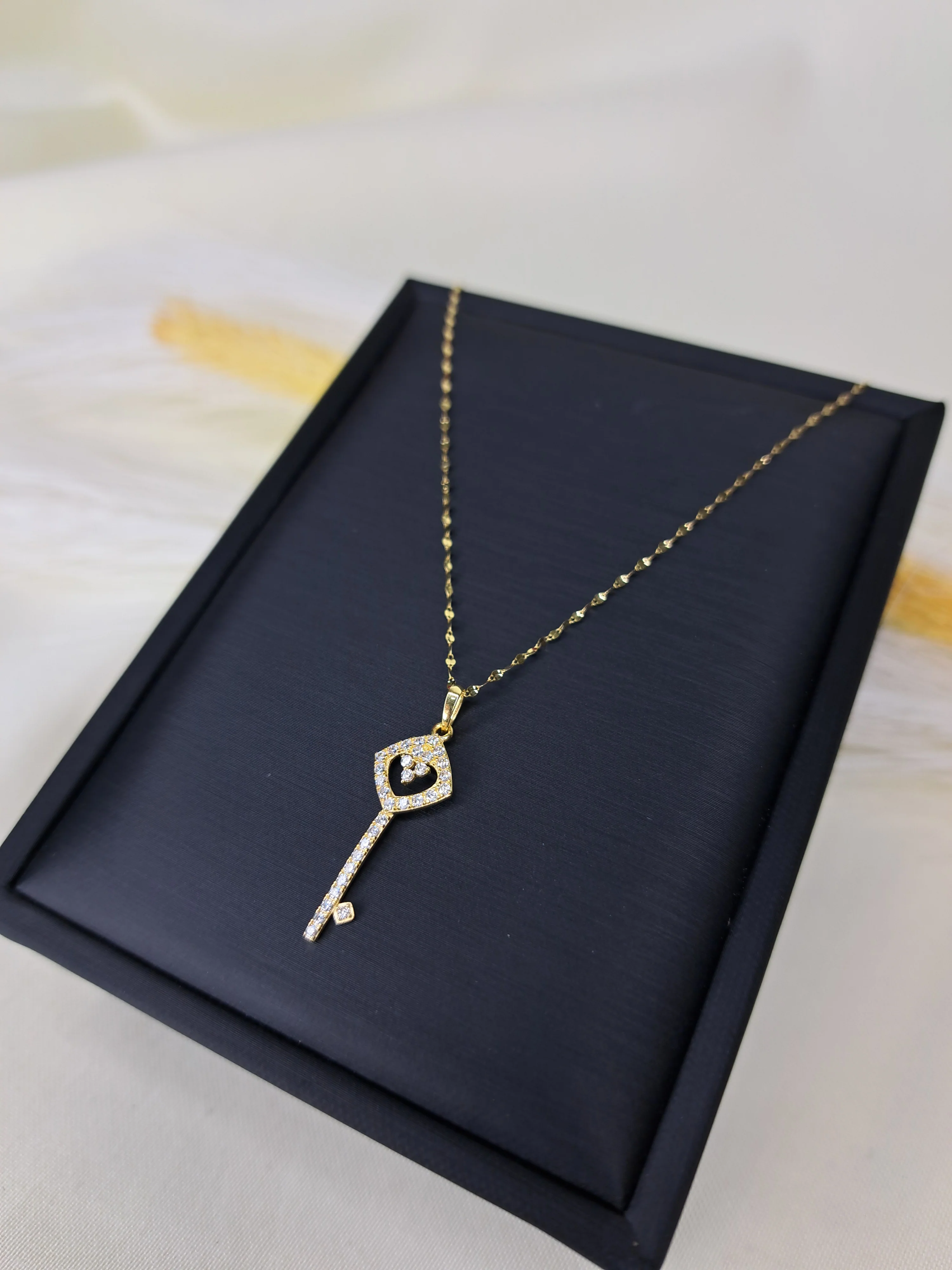 18K Pure Gold Key Design w/ Zircon Stone Necklace - Image 3