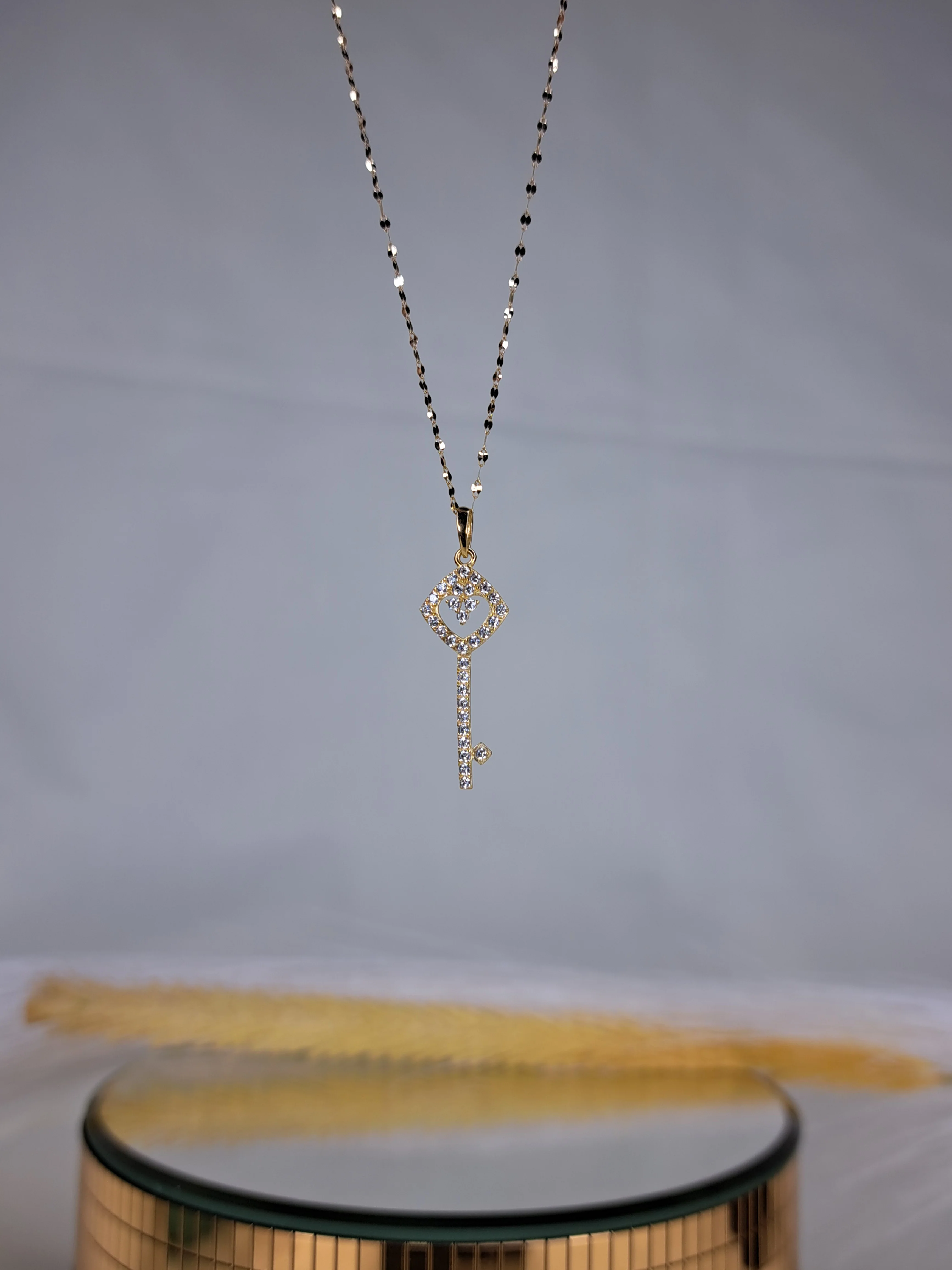 18K Pure Gold Key Design w/ Zircon Stone Necklace - Image 4