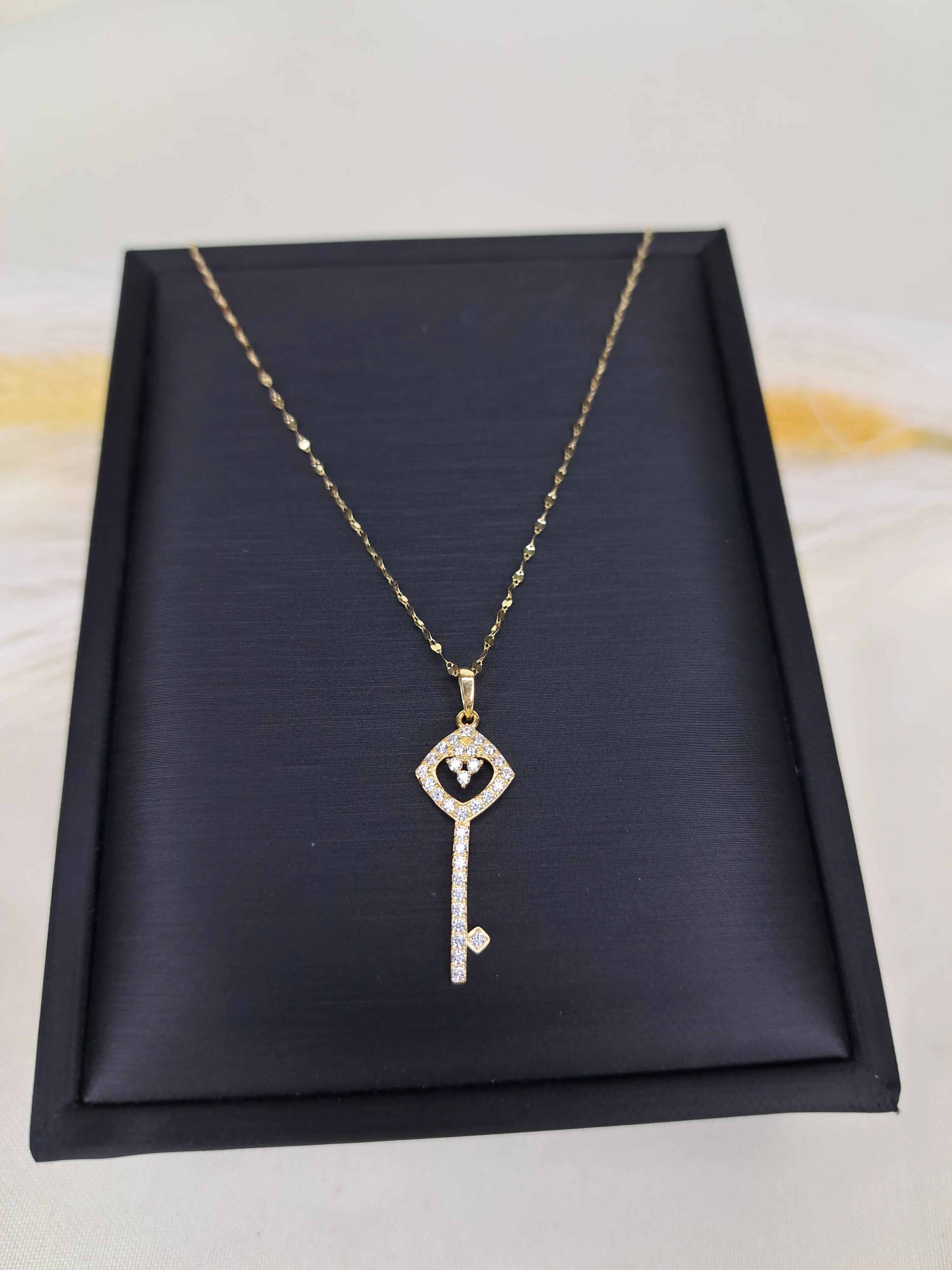 18K Pure Gold Key Design w/ Zircon Stone Necklace - Image 5