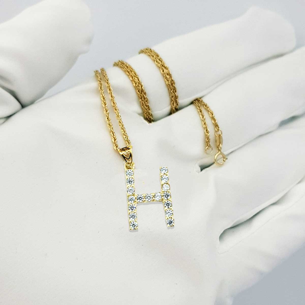 18K Pure Gold Letter H Design w/ Zircon Stone Necklace - Image 5