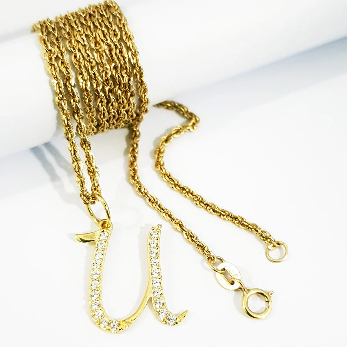 18K Pure Gold Letter U Zircon Stone Necklace - Image 3