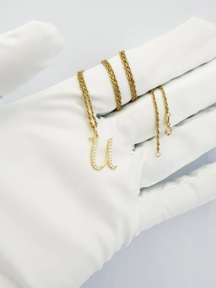 18K Pure Gold Letter U Zircon Stone Necklace - Image 4